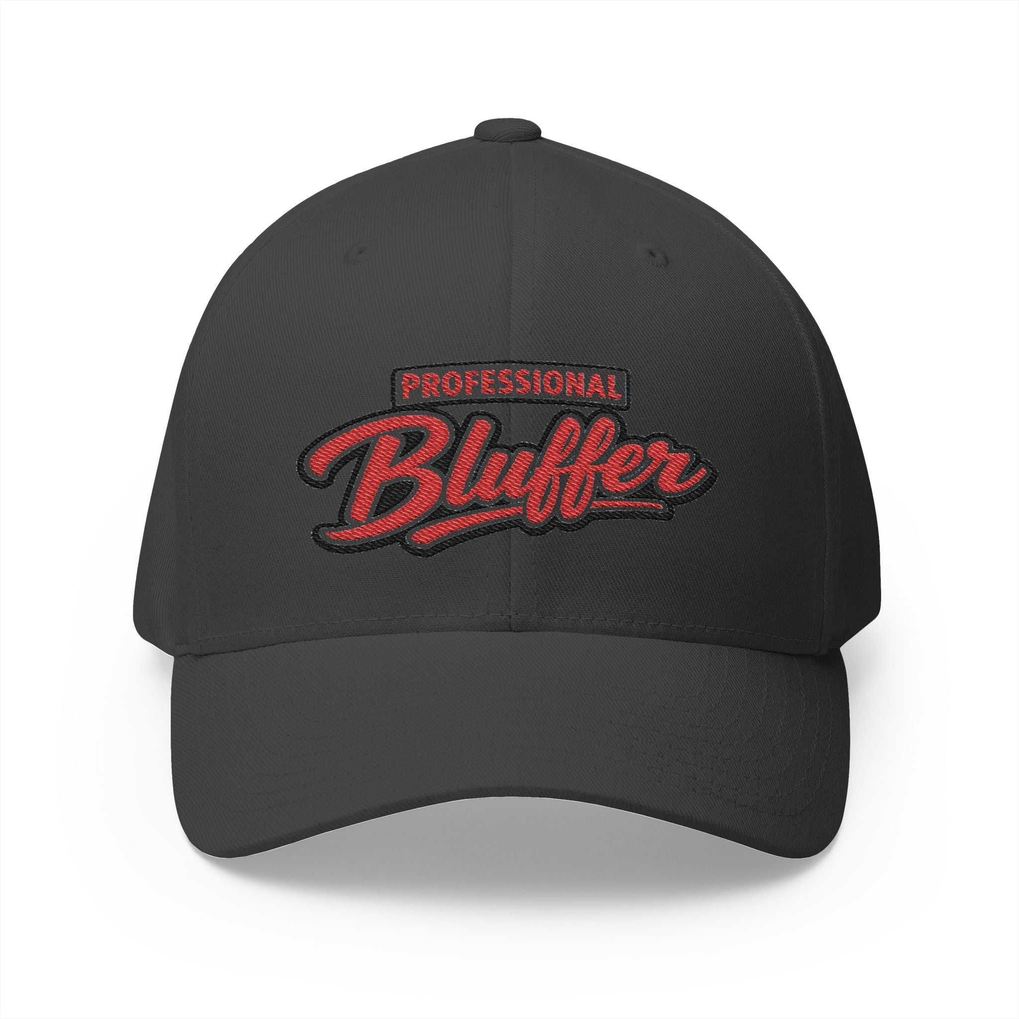 Professional Bluffer Fitted Cap in Dark Grey – Front View | All Bluff Poker
