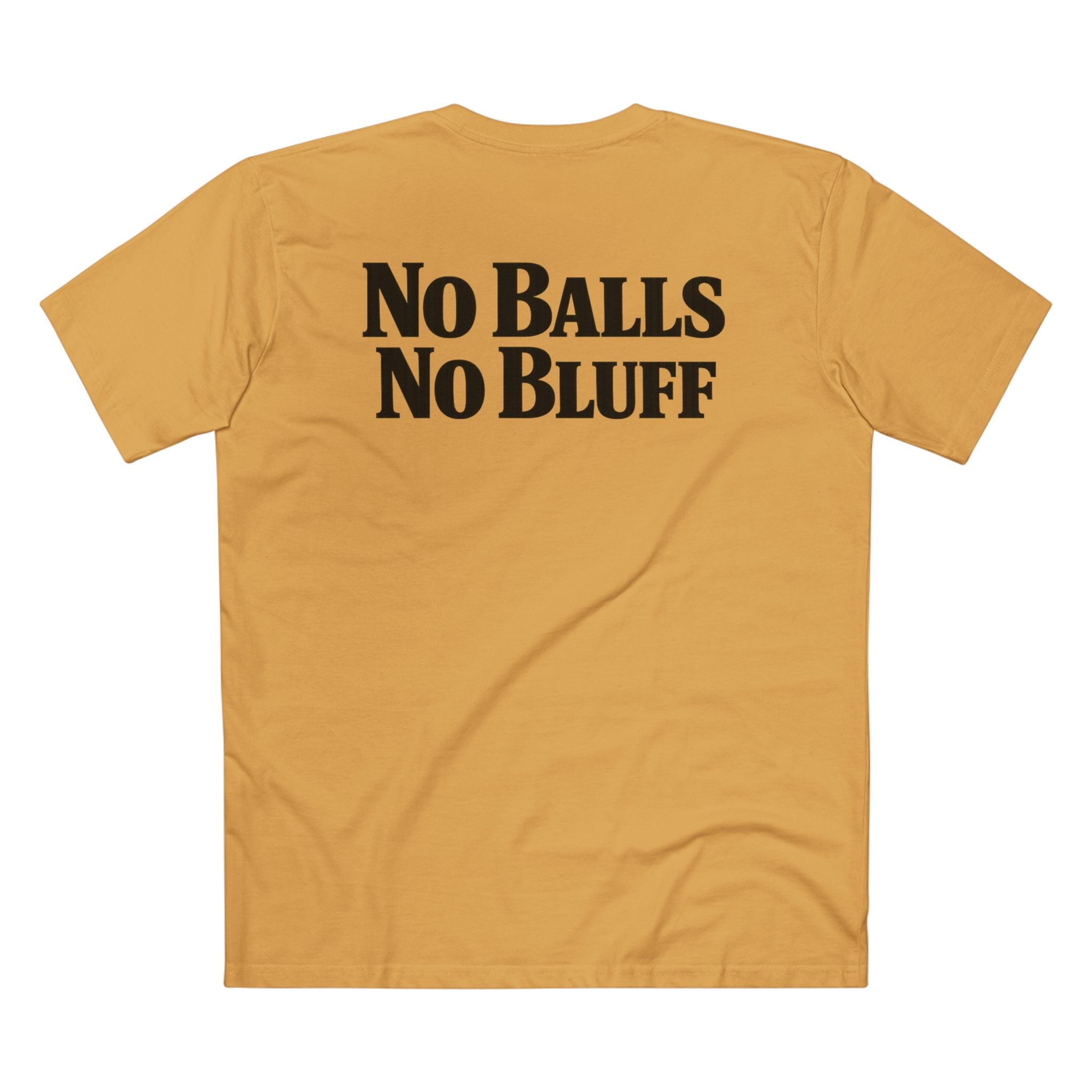 No Balls No Bluff T-Shirt in Mustard – Back Flat Lay | All Bluff Poker