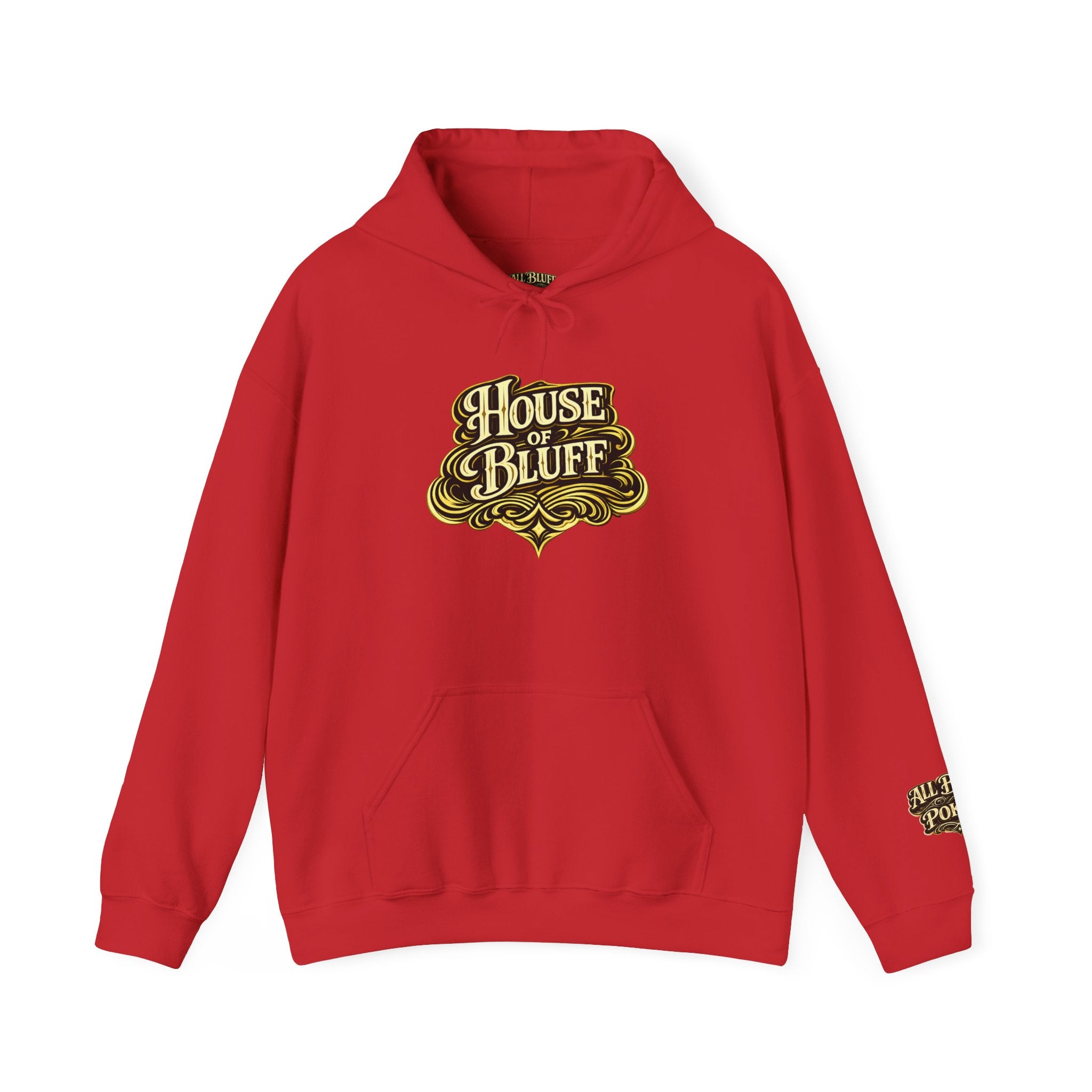 House of Bluff Pullover Hoodie in Red – Front Flat Lay | All Bluff Poker