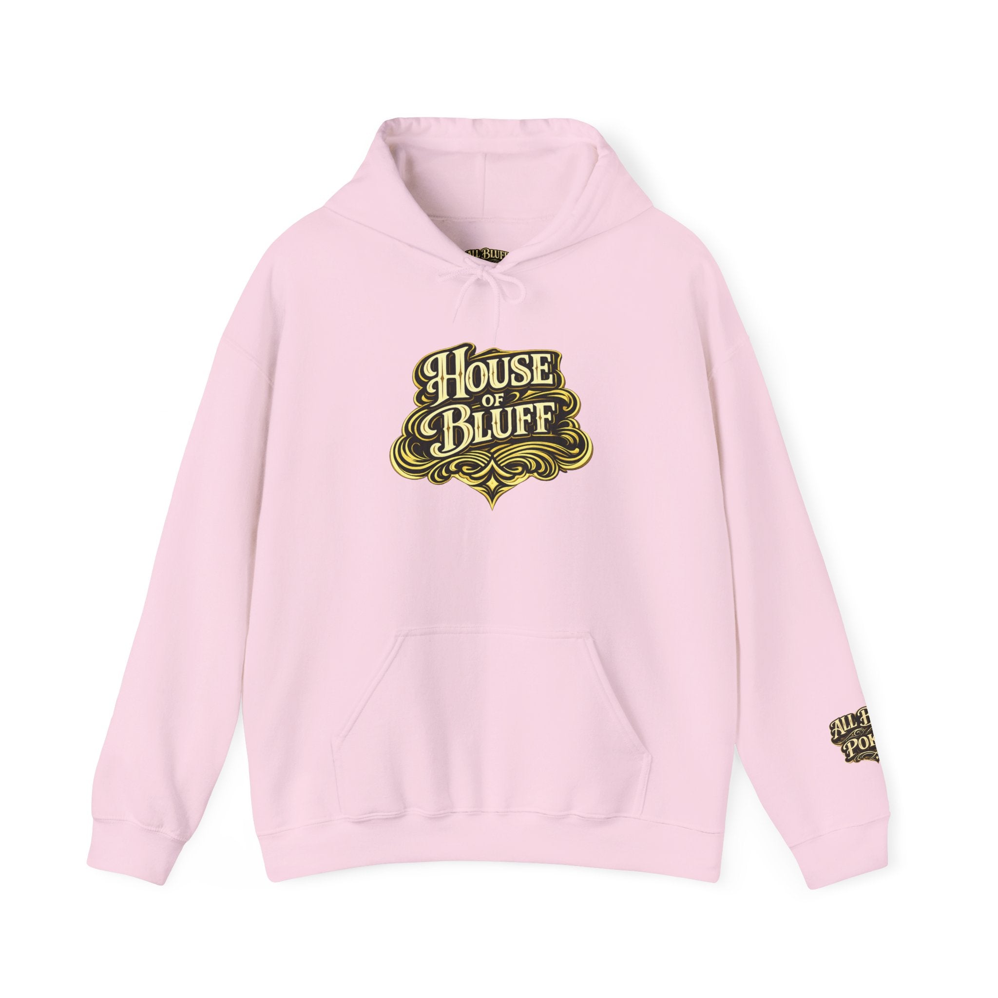 House of Bluff Pullover Hoodie in Light Pink – Front Flat Lay | All Bluff Poker