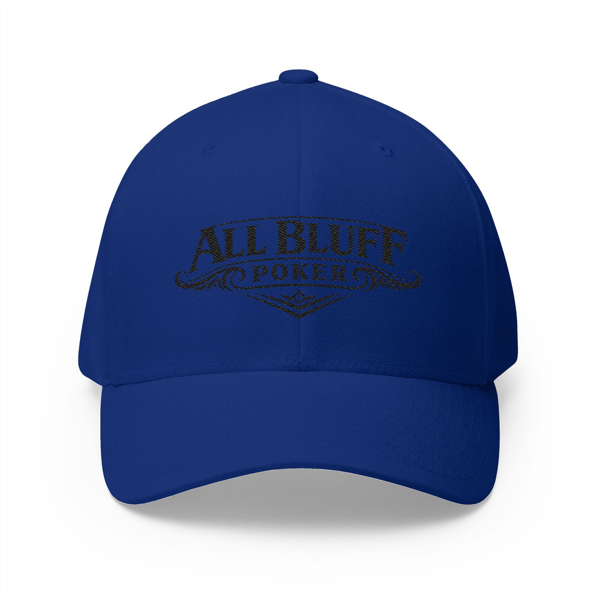 All Bluff Poker Fitted Cap in Royal Blue – Front View | All Bluff Poker