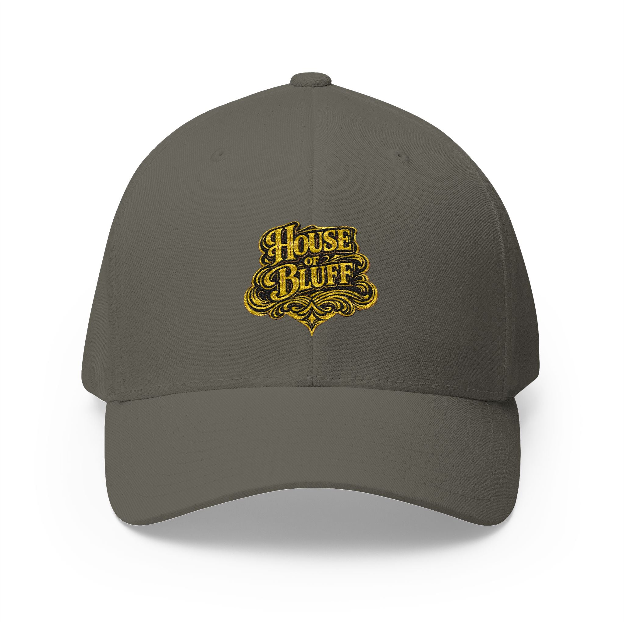 House of Bluff Fitted Cap in Olive – Front View | All Bluff Poker