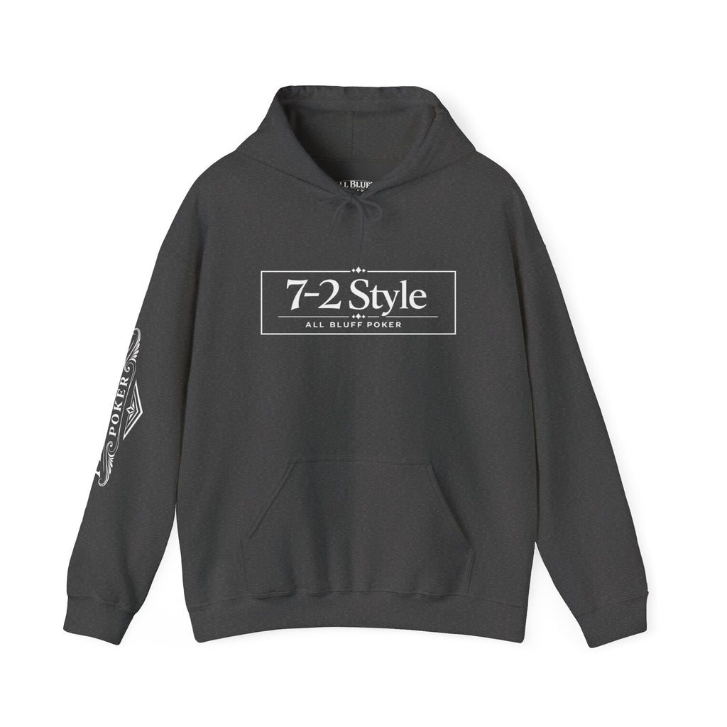 7-2 Style Pullover Hoodie in Dark Heather – Front Flat Lay with Right Sleeve Graphic | All Bluff Poker