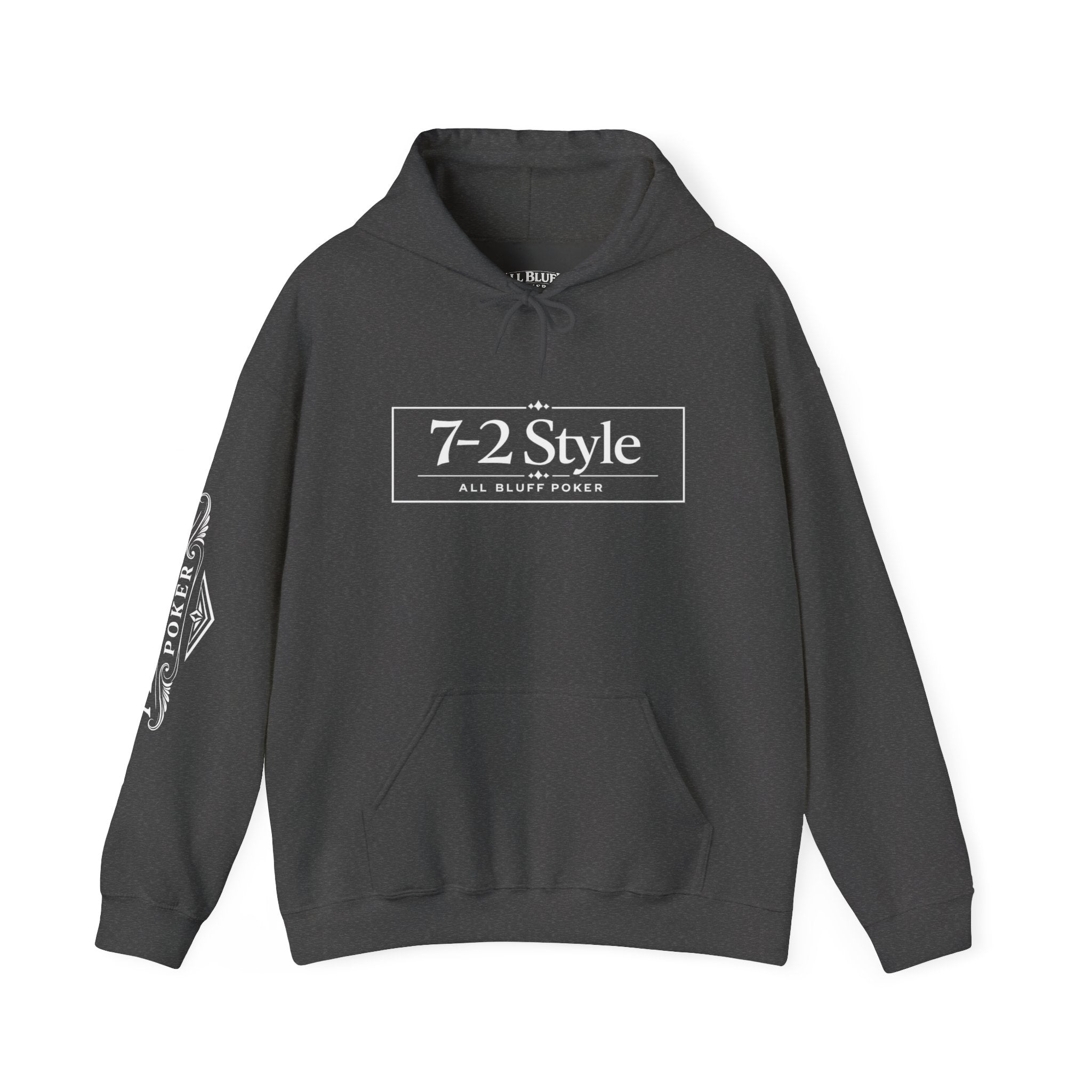 7-2 Style Pullover Hoodie in Dark Heather – Front Flat Lay with Right Sleeve Graphic | All Bluff Poker