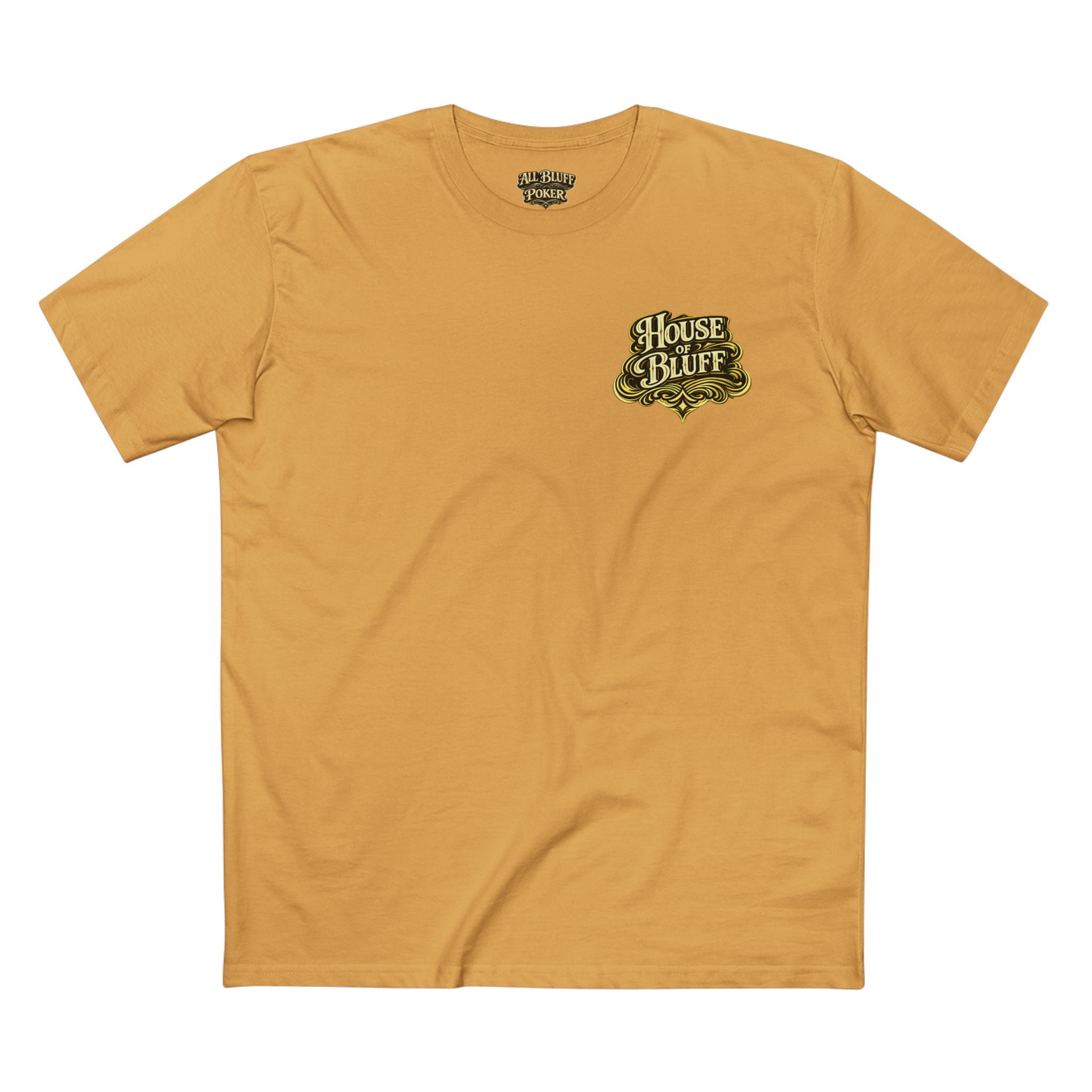 House of Bluff T-Shirt in Mustard – Front Flat Lay | All Bluff Poker