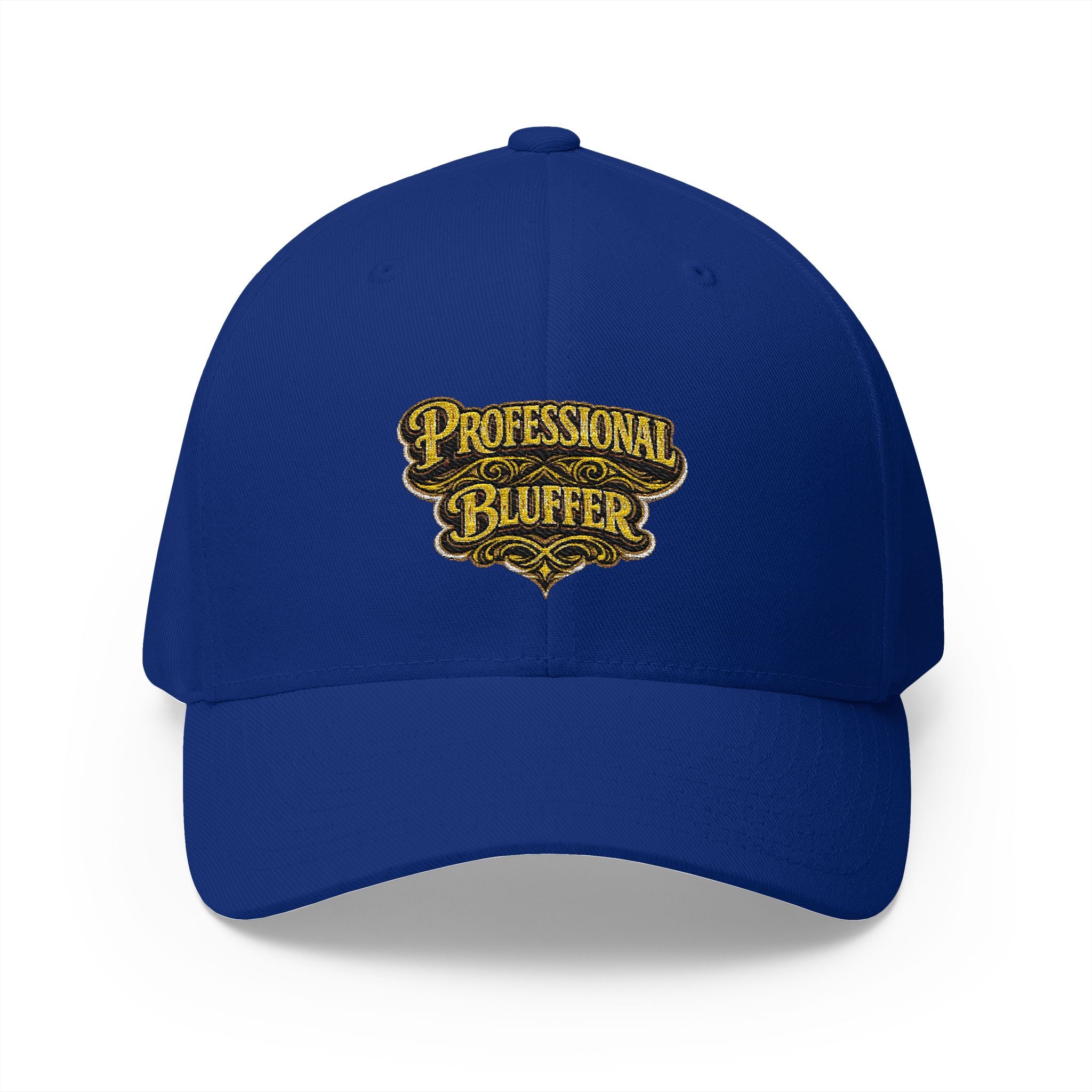 Professional Bluffer Fitted Cap in Royal Blue – Front View | All Bluff Poker