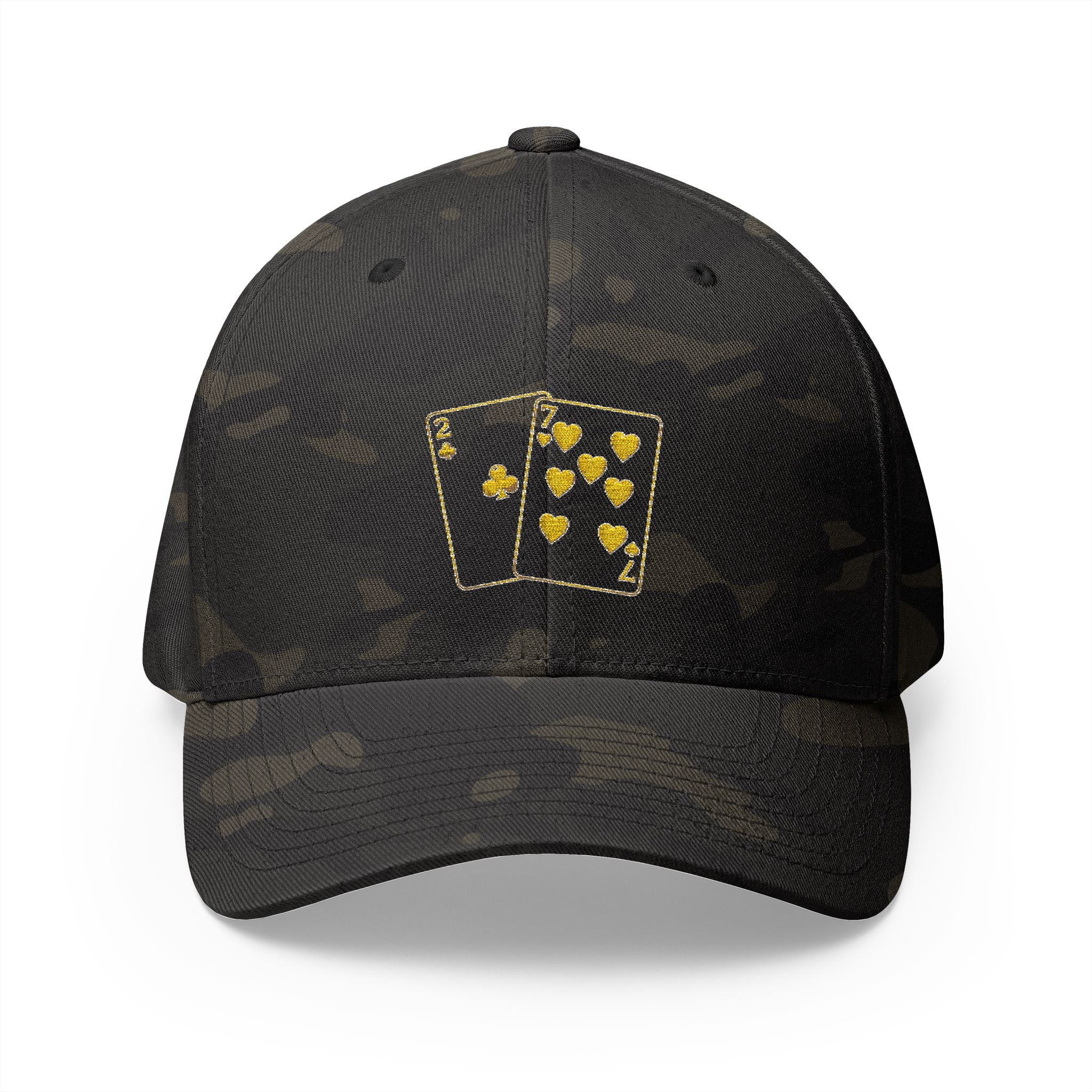 All Bluff Poker Fitted Cap in Multicam Black – Front View | All Bluff Poker