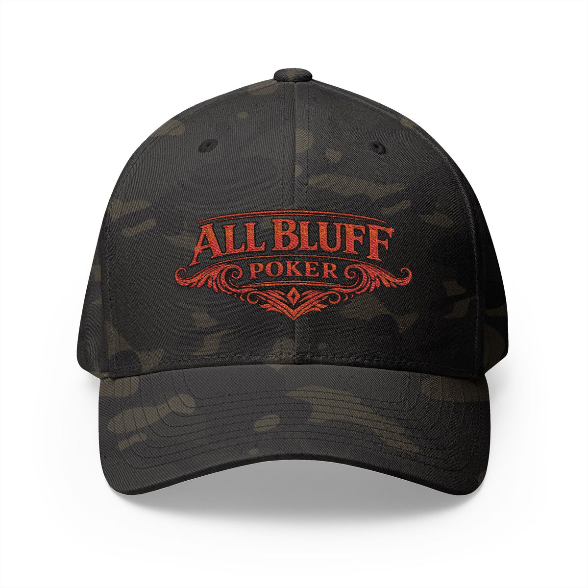 All Bluff Poker Fitted Cap in Multicam Black – Front View | All Bluff Poker