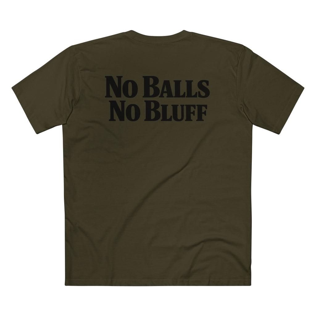 No Balls No Bluff T-Shirt in Army – Back Flat Lay | All Bluff Poker