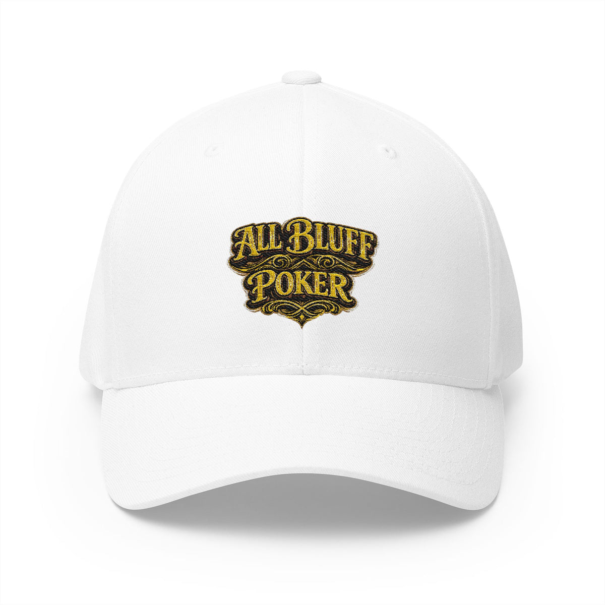 All Bluff Poker Fitted Cap in White – Front View | All Bluff Poker