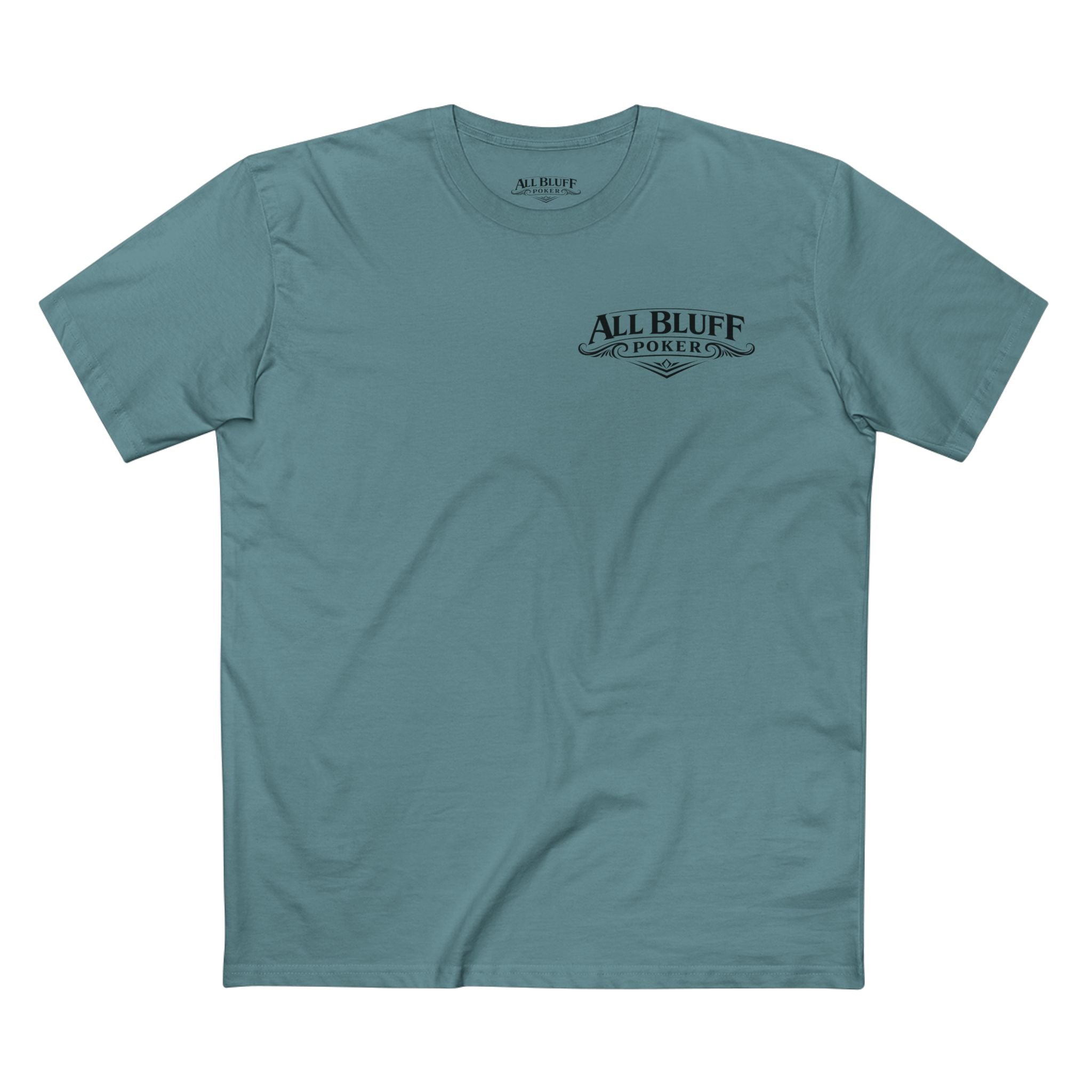 Professional Bluffer T-Shirt in Slate Blue – Front Flat Lay | All Bluff Poker