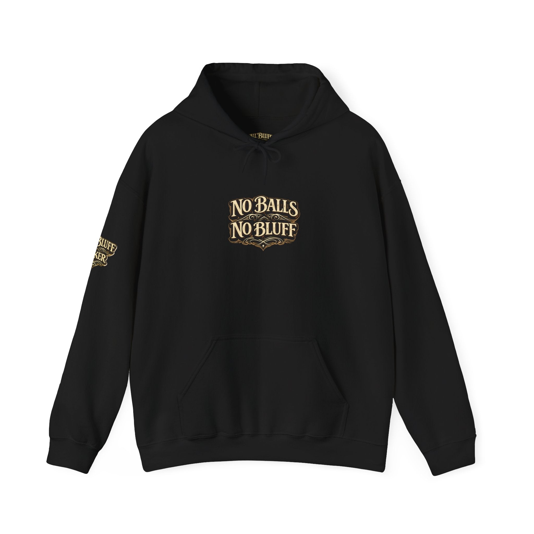 No Balls No Bluff Pullover Hoodie in Black – Front Flat Lay | All Bluff Poker