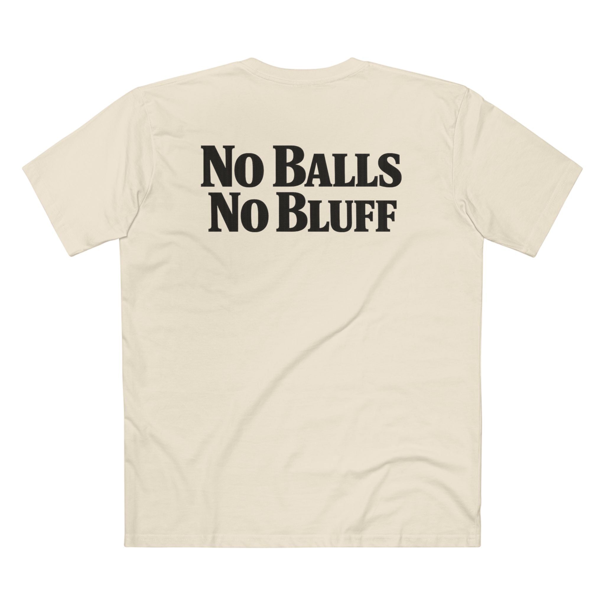 No Balls No Bluff T-Shirt in Natural – Back Flat Lay | All Bluff Poker