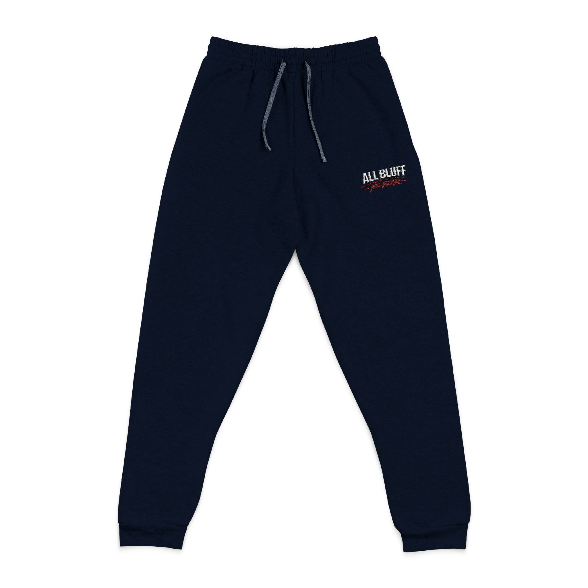 All Bluff No Fear Relaxed Sweatpants in J. Navy – Front Flat Lay with Left Leg Embroidery | All Bluff Poker