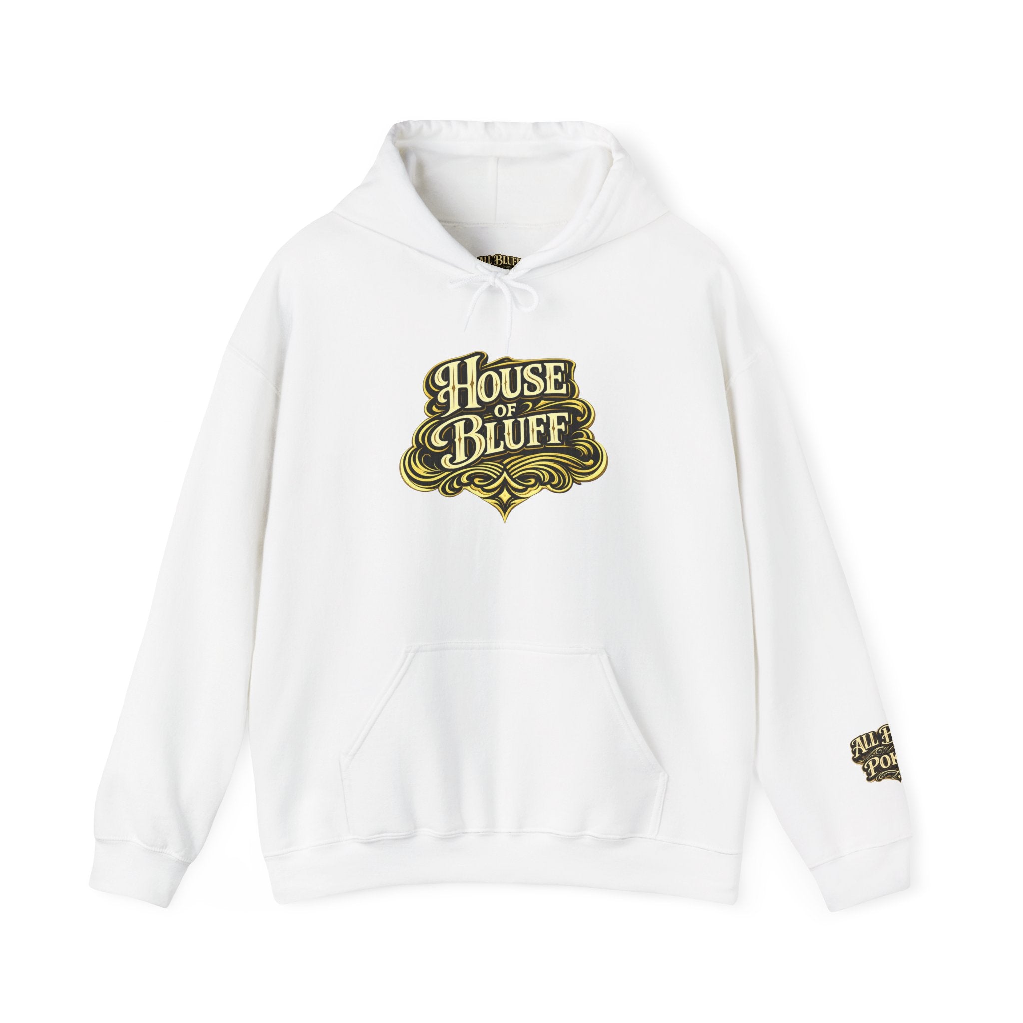 House of Bluff Pullover Hoodie in White – Front Flat Lay | All Bluff Poker