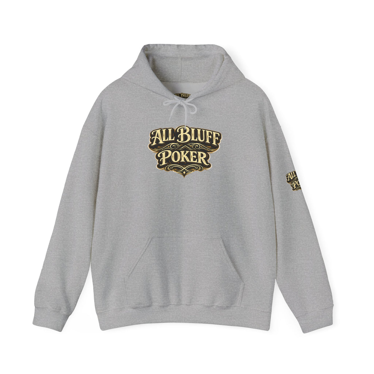 All Bluff Poker Pullover Hoodie in Sport Grey – Front Flat Lay with Left Sleeve Graphic | All Bluff Poker