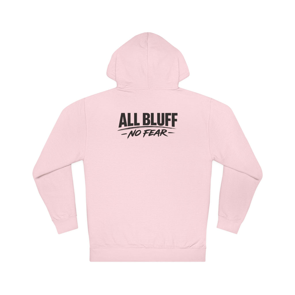 All Bluff No Fear Pullover Hoodie in Light Pink – Back Flat Lay | All Bluff Poker