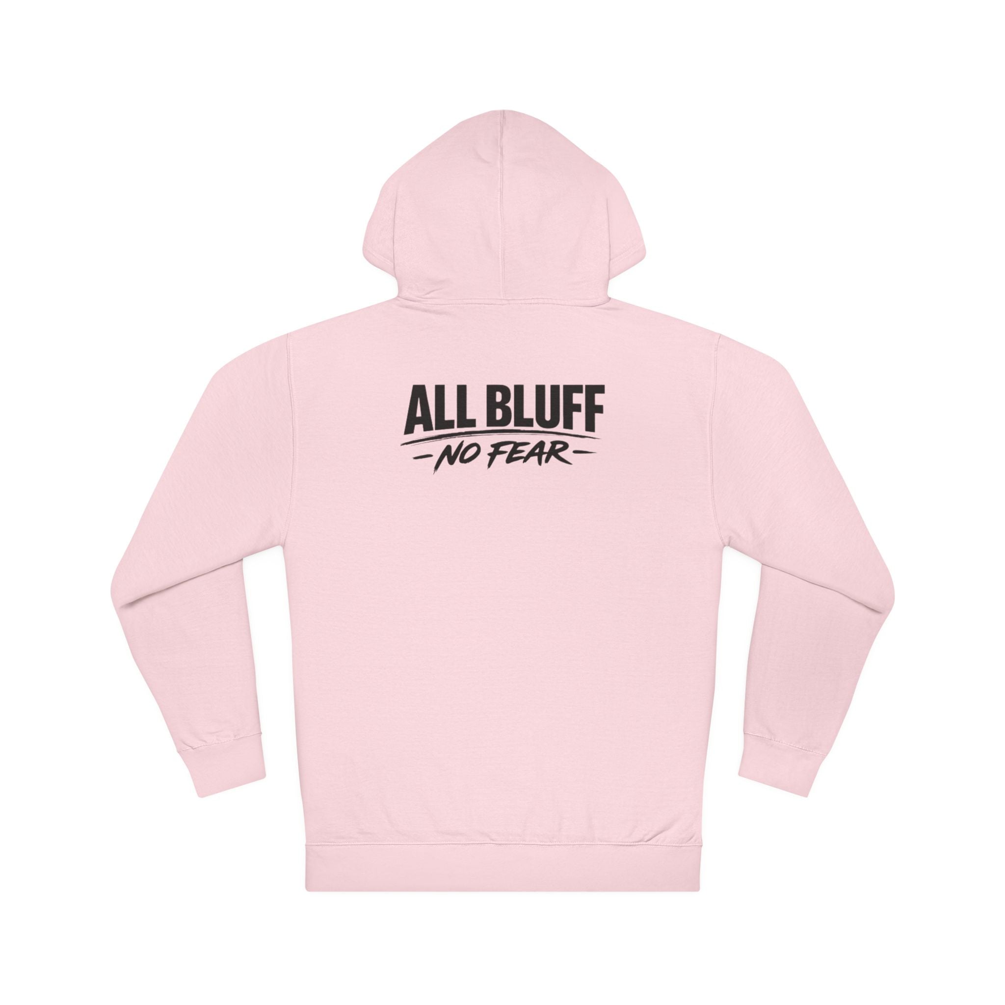 All Bluff No Fear Pullover Hoodie in Light Pink – Back Flat Lay | All Bluff Poker