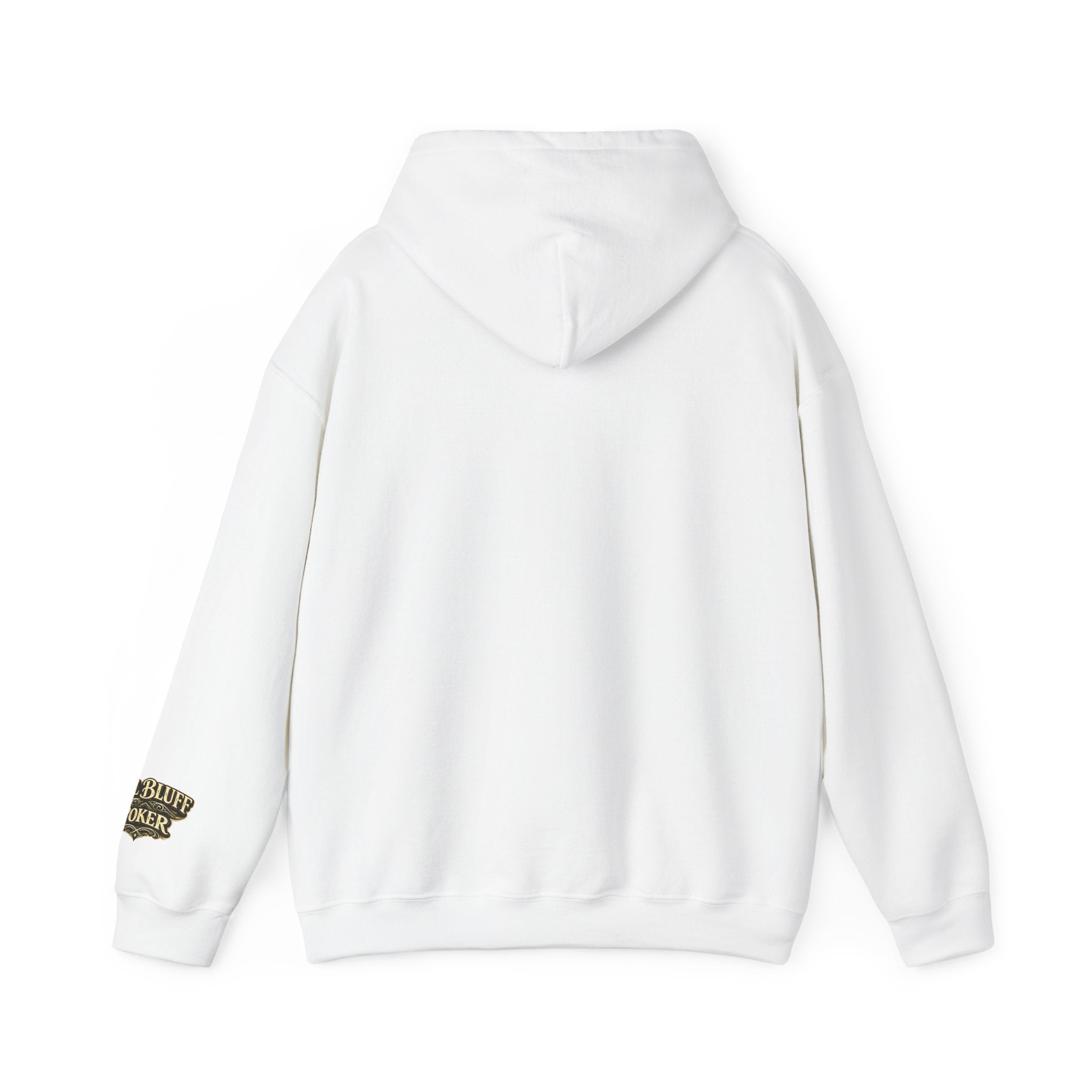 House of Bluff Pullover Hoodie in White – Back Flat Lay | All Bluff Poker