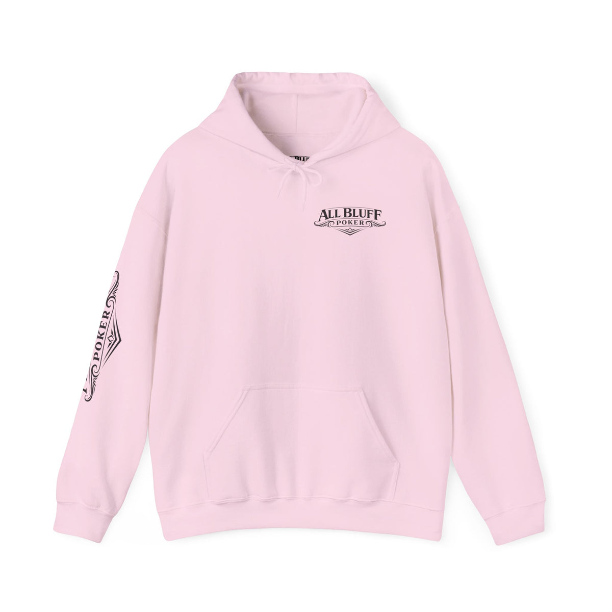 All Bluff Poker Pullover Hoodie in Light Pink – Front Flat Lay with Right Sleeve Graphic | All Bluff Poker