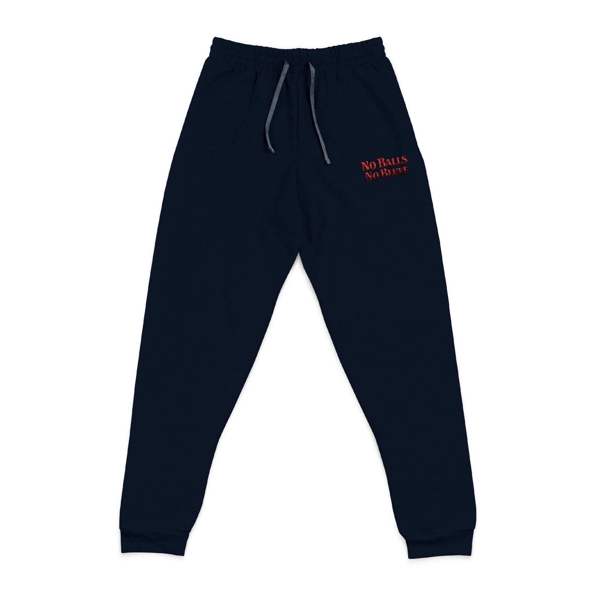 No Balls No Bluff Relaxed Sweatpants in J. Navy – Front Flat Lay with Left Leg Embroidery | All Bluff Poker