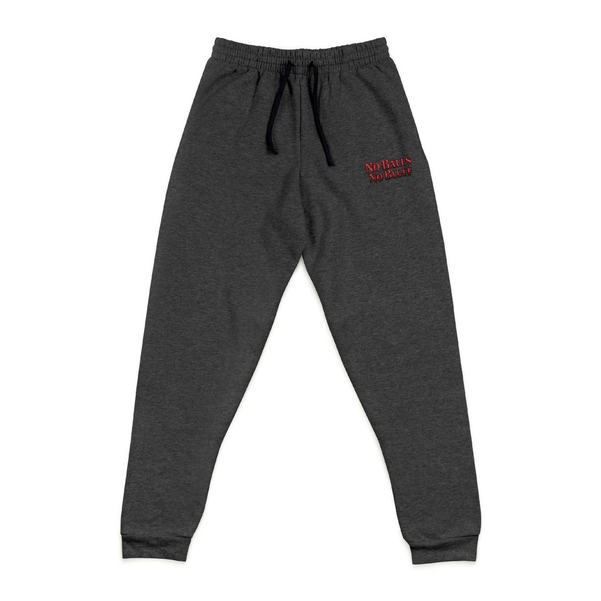 No Balls No Bluff Relaxed Sweatpants in Dark Heather – Front Flat Lay with Left Leg Embroidery | All Bluff Poker