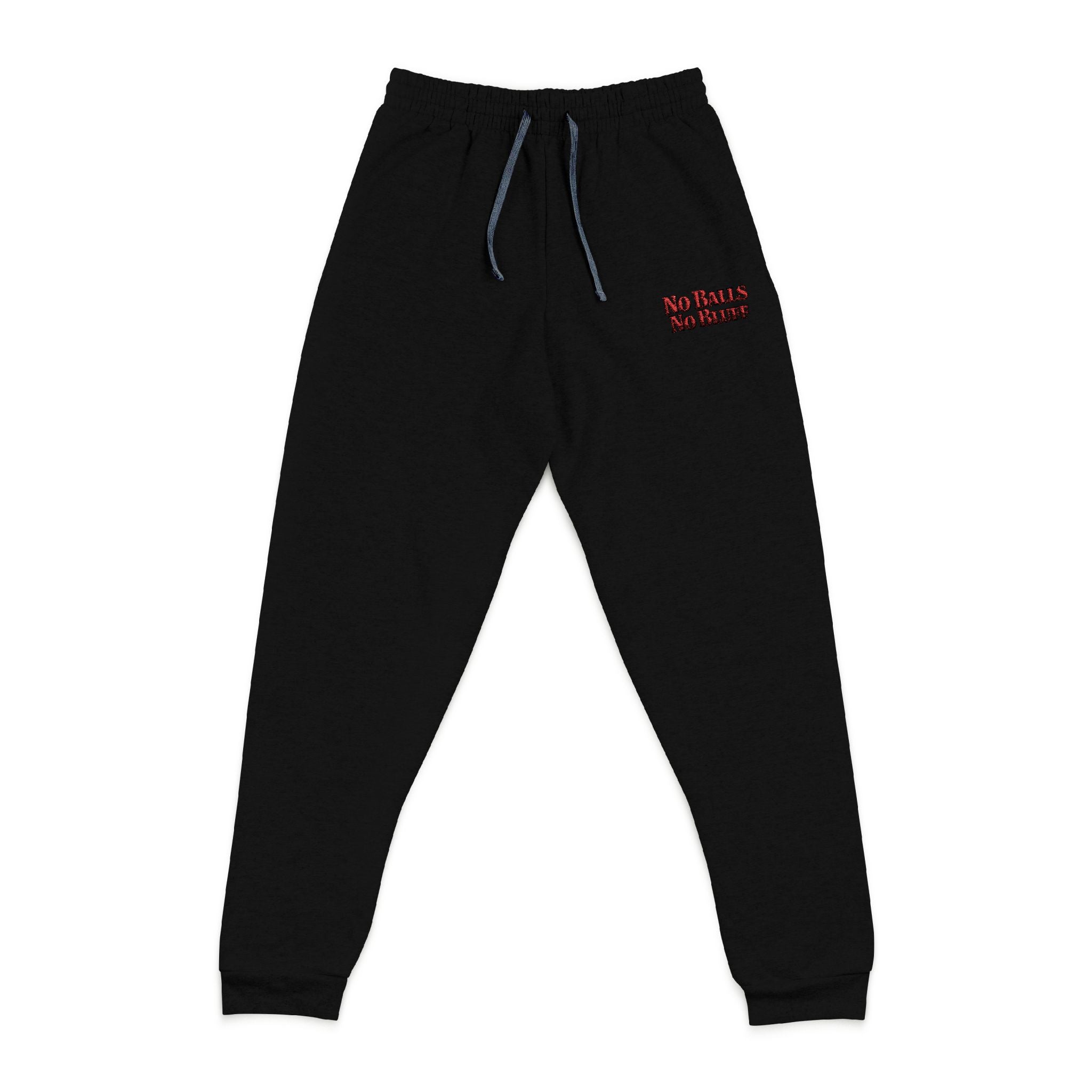 No Balls No Bluff Relaxed Sweatpants in Black – Front Flat Lay with Left Leg Embroidery | All Bluff Poker