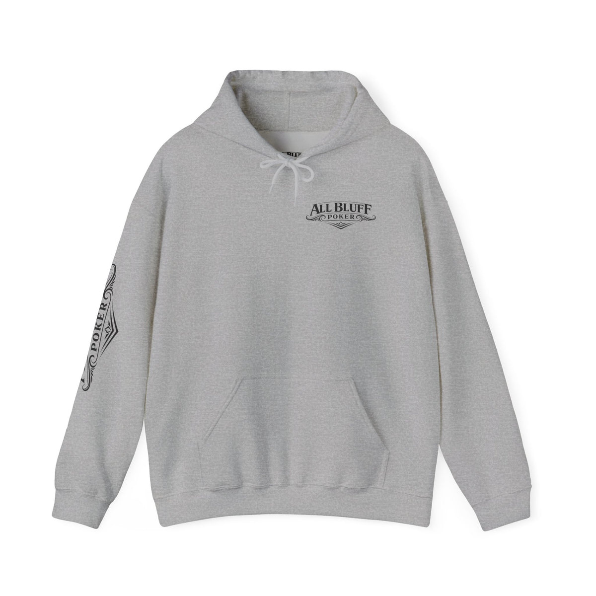 All Bluff Poker Pullover Hoodie in Sport Grey – Front Flat Lay with Right Sleeve Graphic | All Bluff Poker