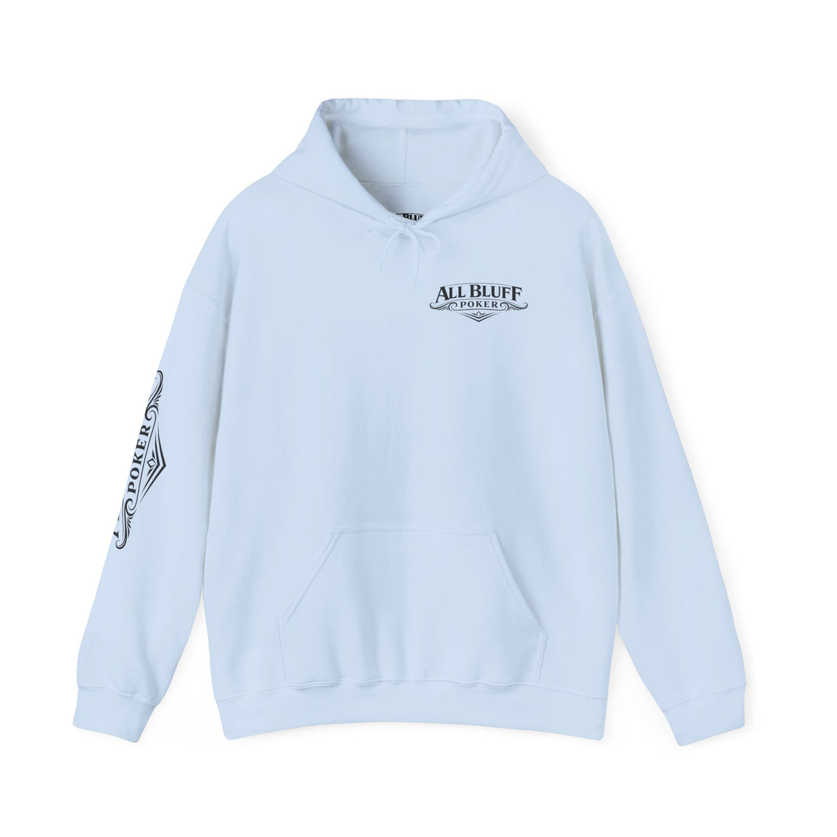 All Bluff Poker Pullover Hoodie in Light Blue – Front Flat Lay with Right Sleeve Graphic | All Bluff Poker