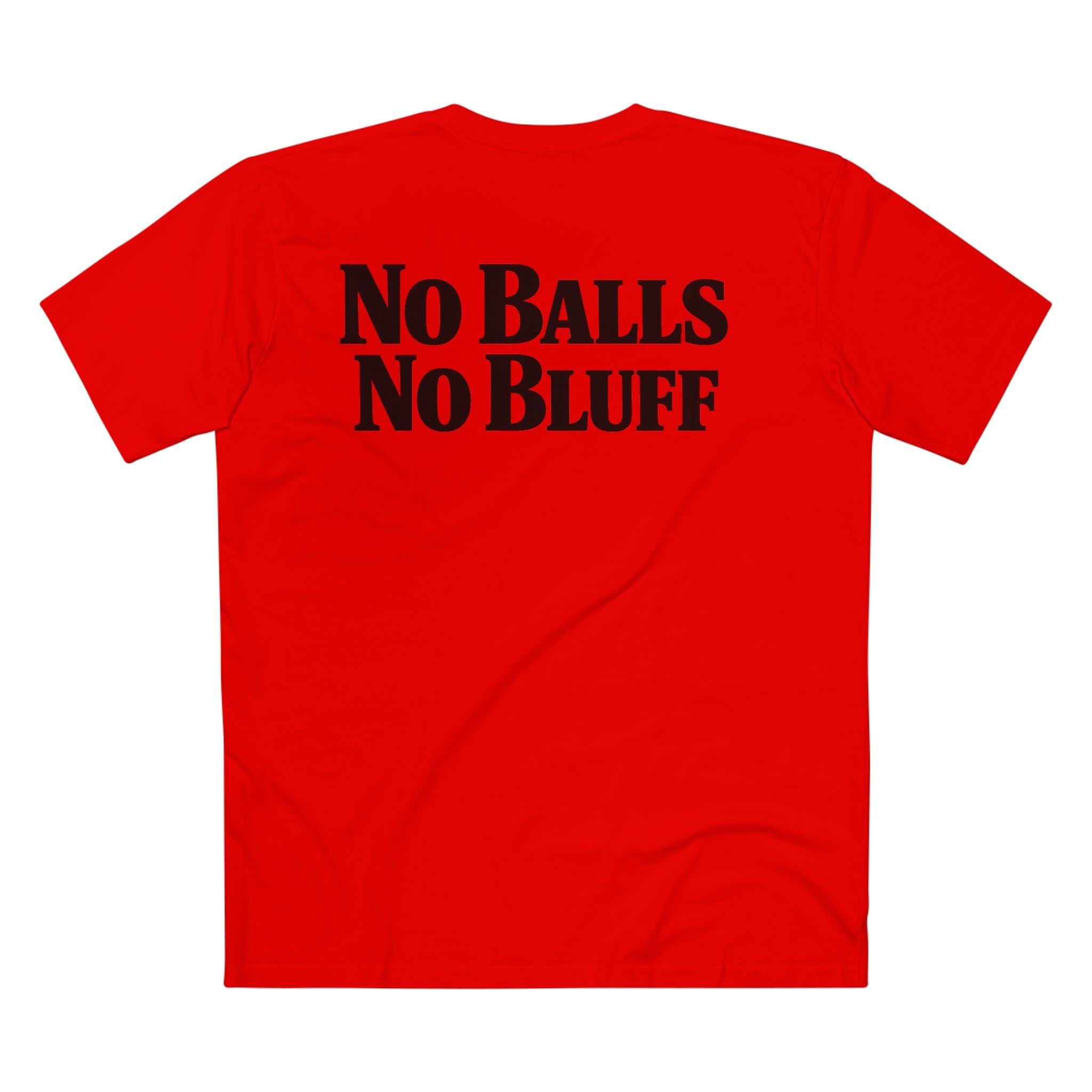 No Balls No Bluff T-Shirt in Red – Back Flat Lay | All Bluff Poker