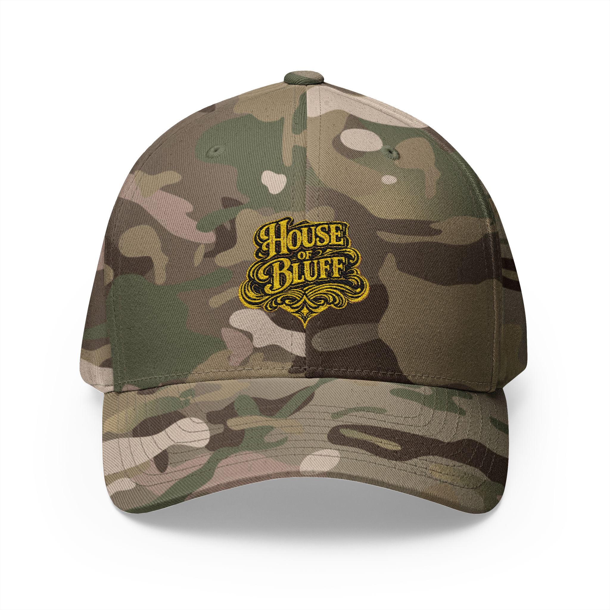 House of Bluff Fitted Cap in Multicam Green – Front View | All Bluff Poker