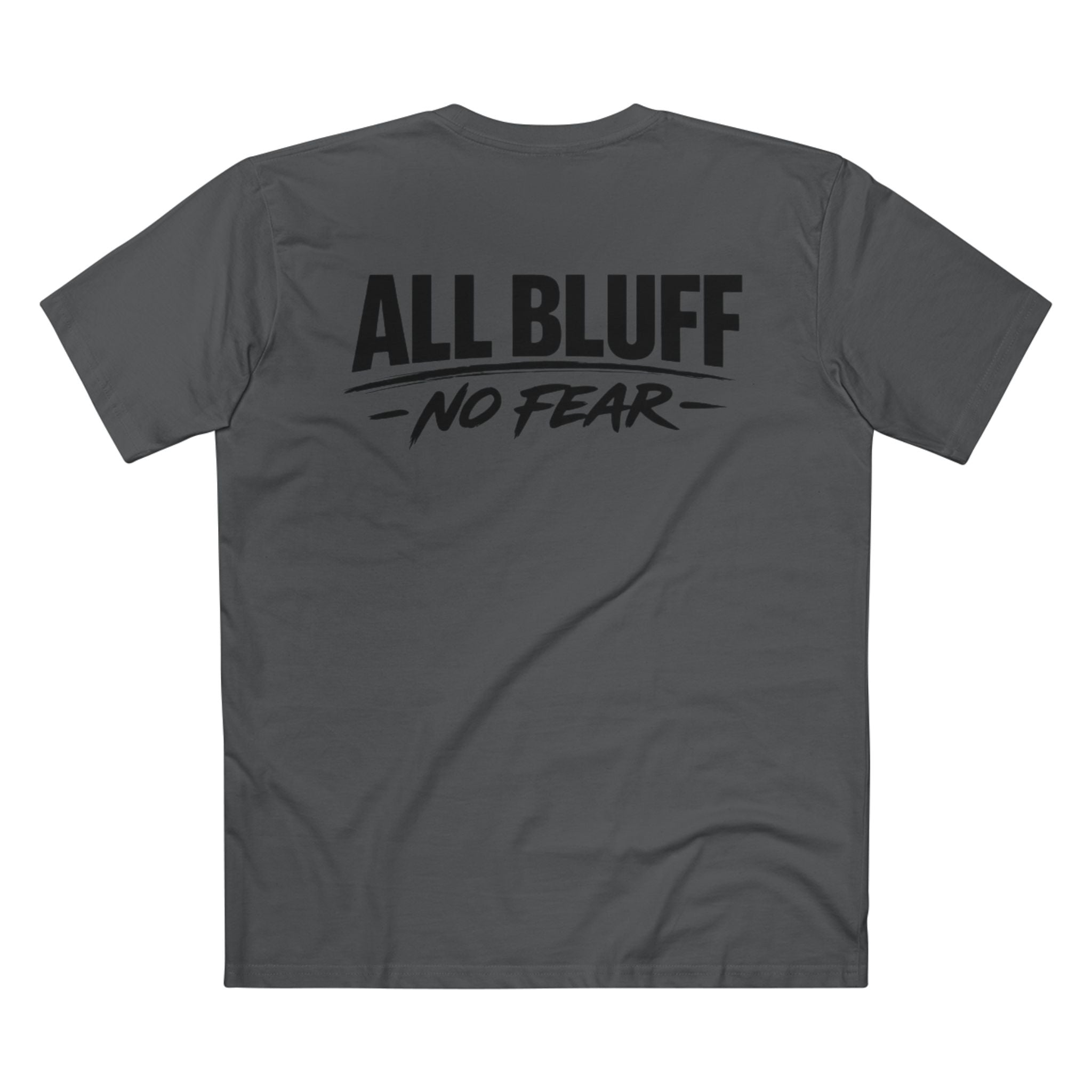 All Bluff No Fear T-Shirt in Charcoal – Back Flat Lay | All Bluff Poker