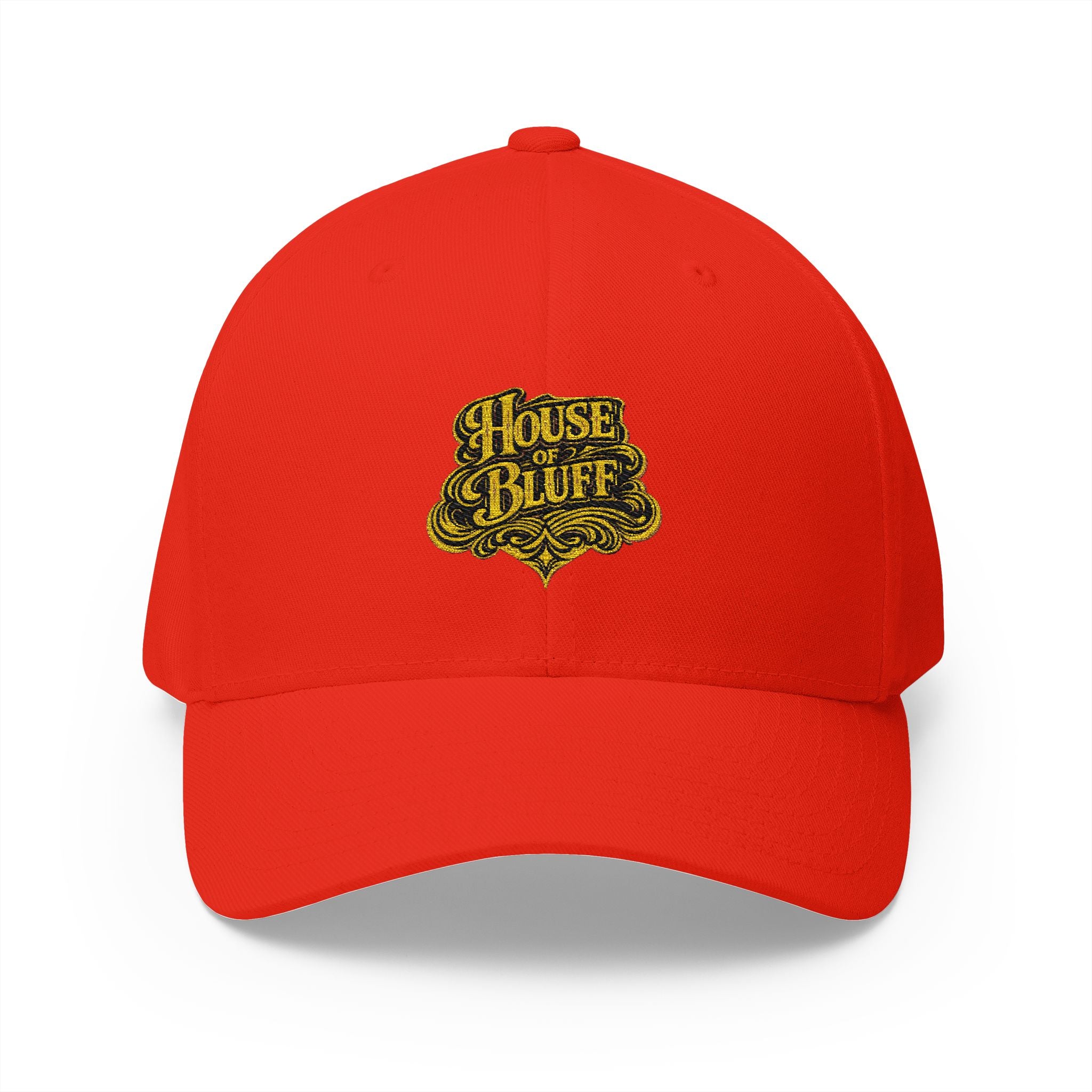 House of Bluff Fitted Cap in Red – Front View | All Bluff Poker