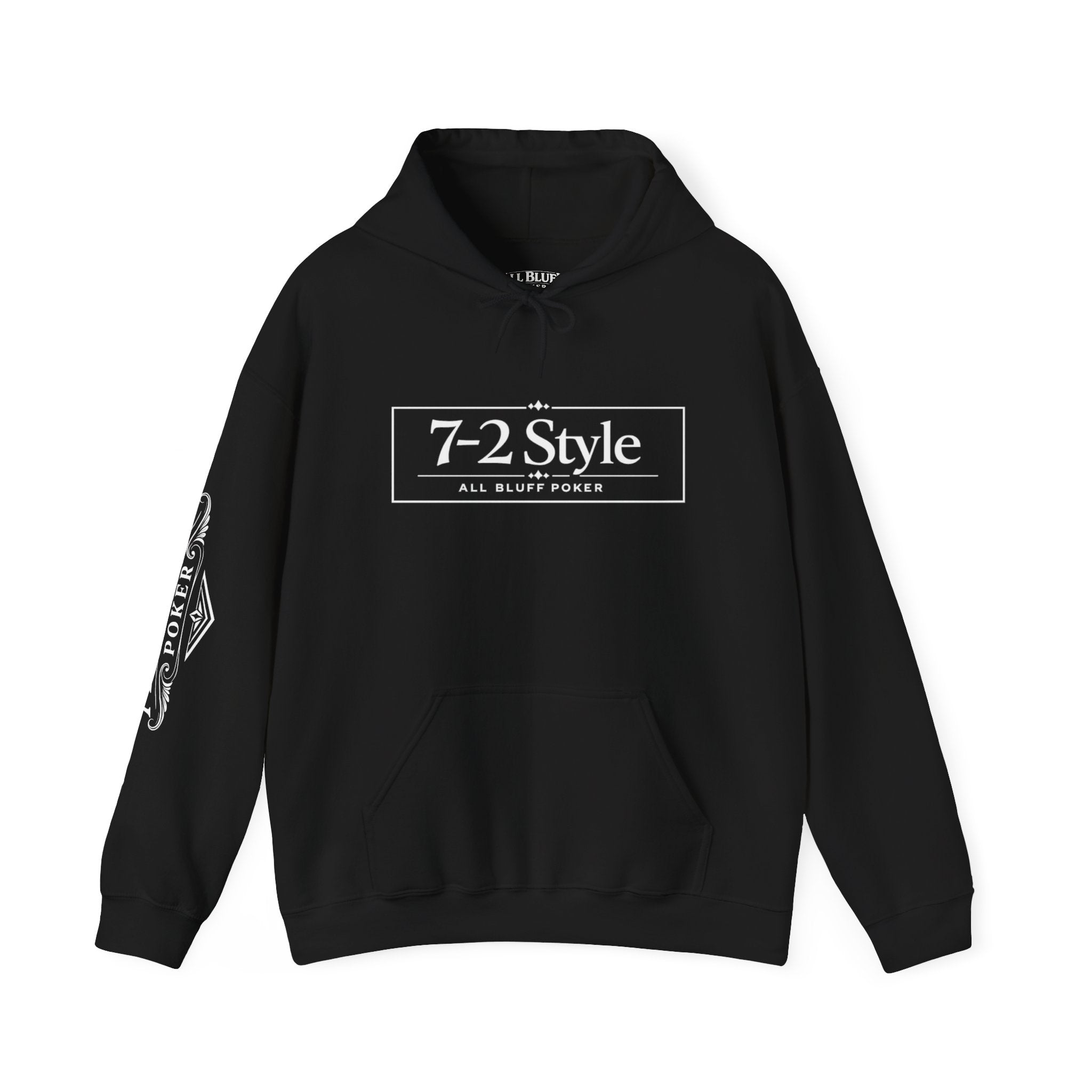 7-2 Style Pullover Hoodie in Black – Front Flat Lay with Right Sleeve Graphic | All Bluff Poker