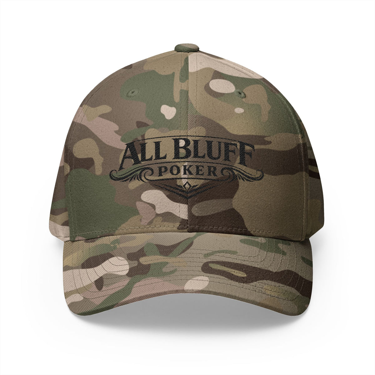 All Bluff Poker Fitted Cap in Multicam Green – Front View | All Bluff Poker