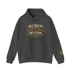 All Bluff No Fear Pullover Hoodie in Dark Heather – Front Flat Lay | All Bluff Poker