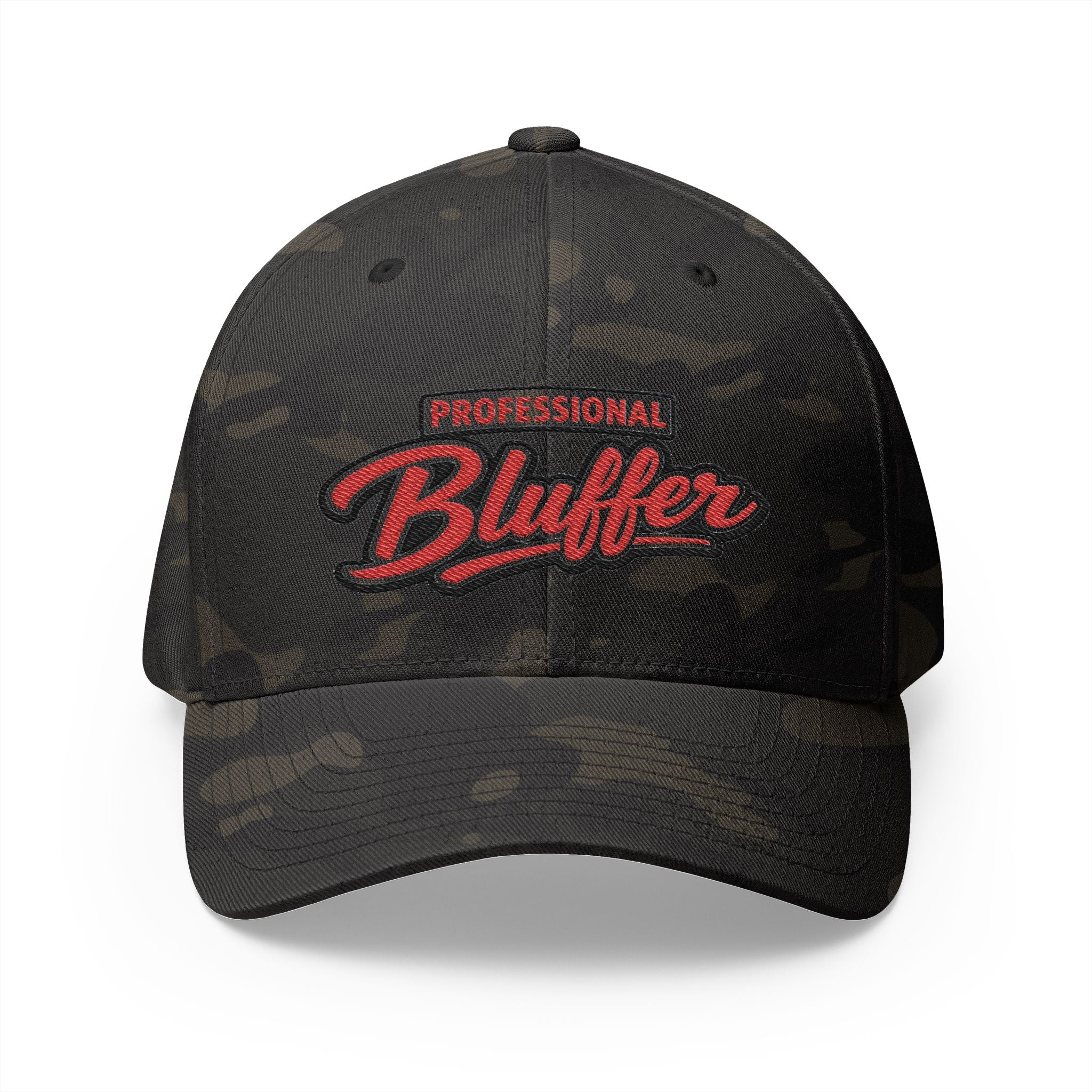 Professional Bluffer Fitted Cap in Multicam Black – Front View | All Bluff Poker