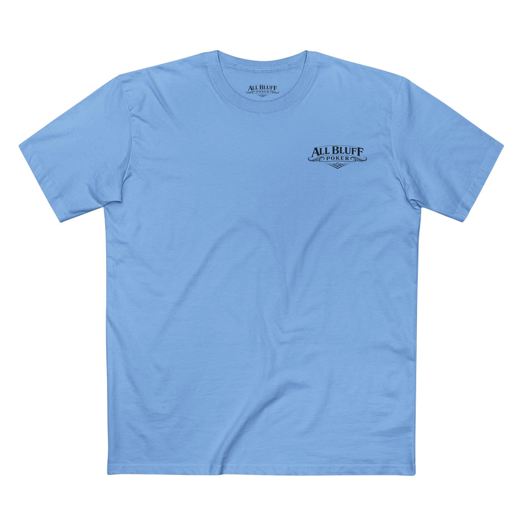 No Balls No Bluff T-Shirt in Carolina Blue – Front Flat Lay | All Bluff Poker