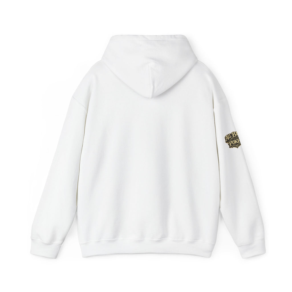 No Balls No Bluff Pullover Hoodie in White – Back Flat Lay | All Bluff Poker