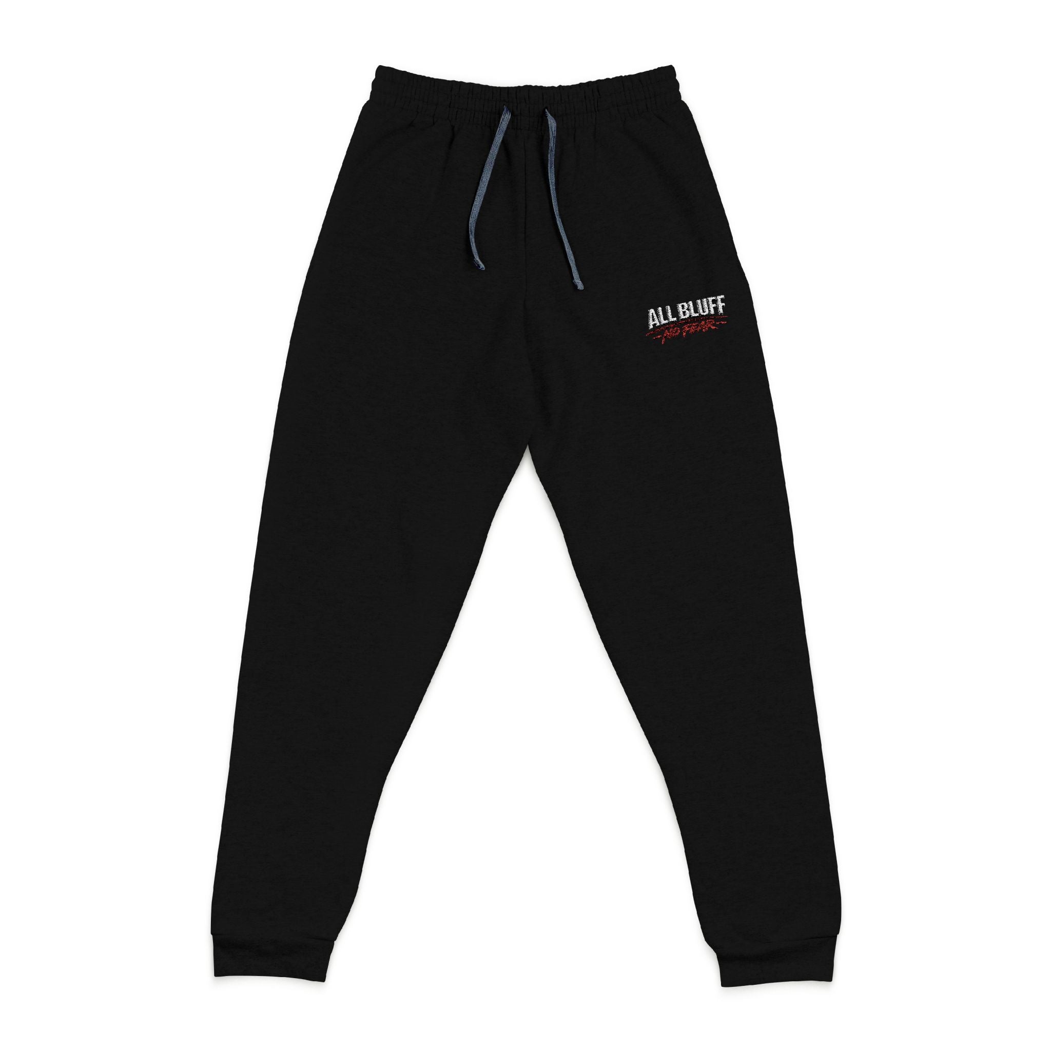 All Bluff No Fear Relaxed Sweatpants in Black – Front Flat Lay with Left Leg Embroidery | All Bluff Poker