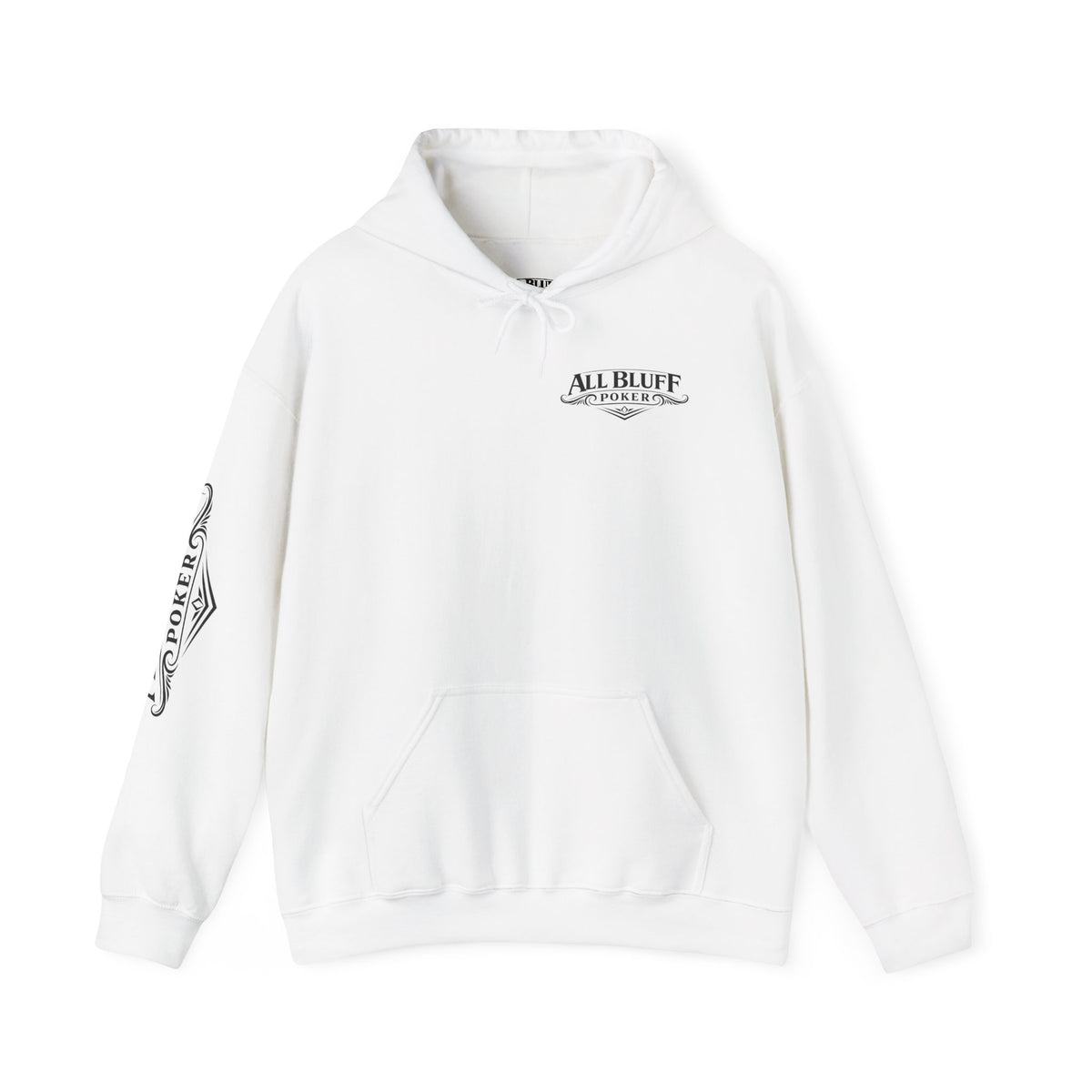 All Bluff Poker Pullover Hoodie in White – Front Flat Lay with Right Sleeve Graphic | All Bluff Poker