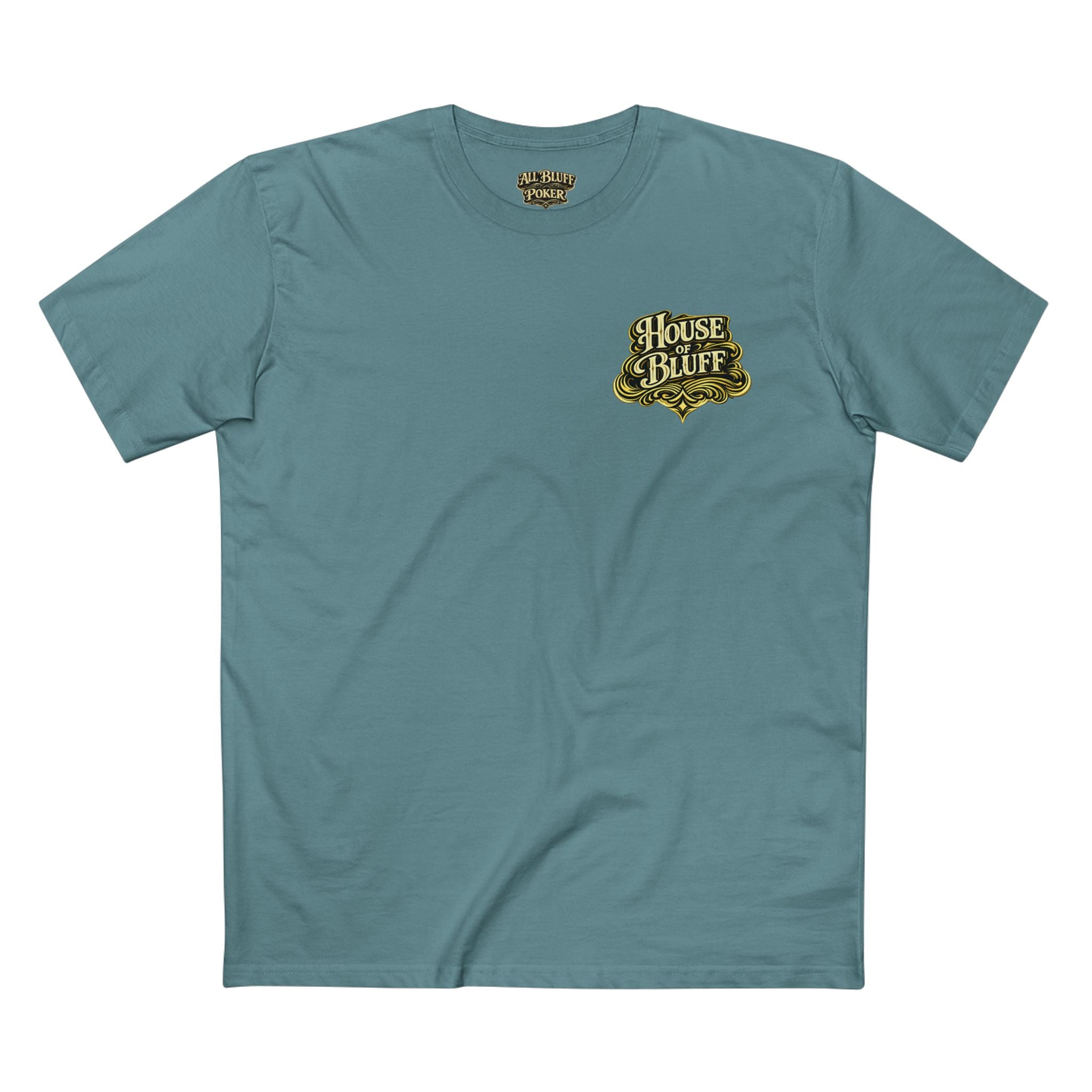 House of Bluff T-Shirt in Slate Blue – Front Flat Lay | All Bluff Poker
