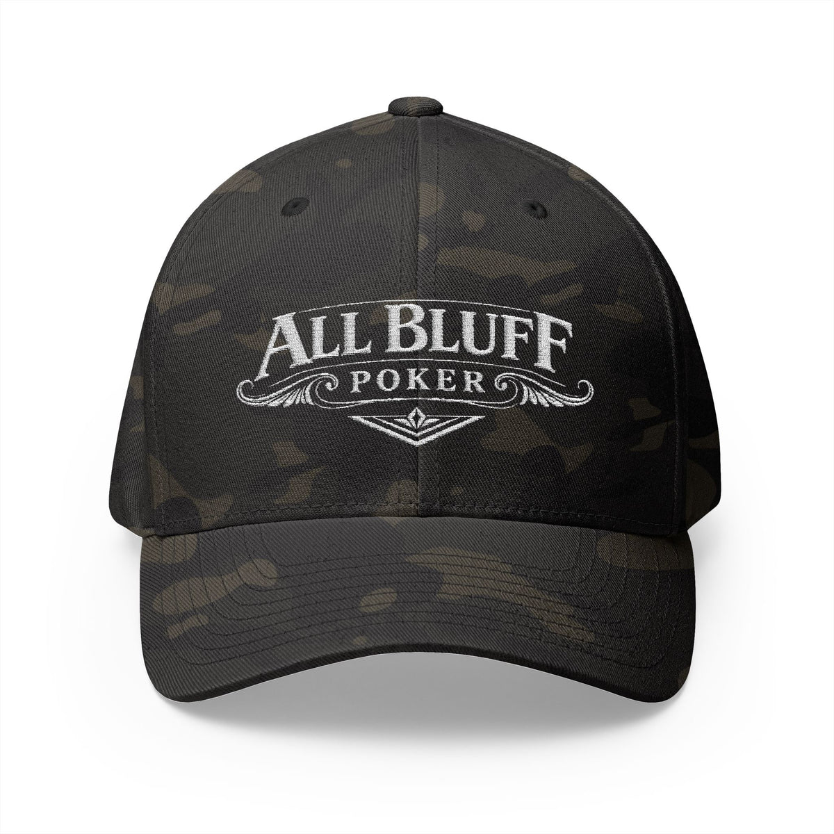 All Bluff Poker Fitted Cap in Multicam Black – Front View | All Bluff Poker