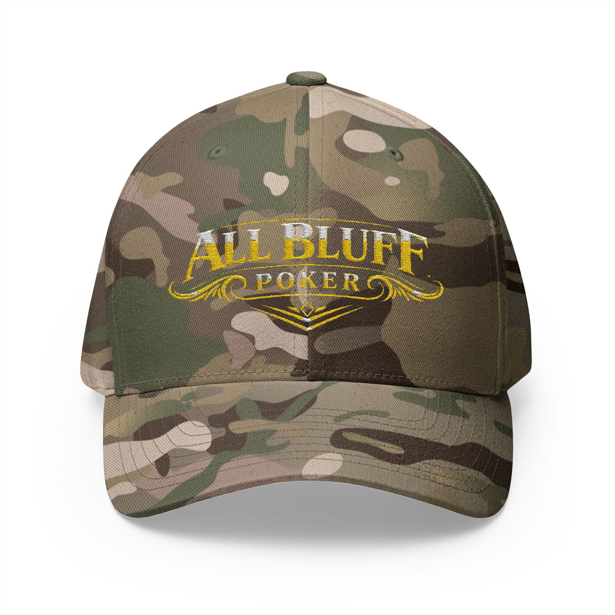 All Bluff Poker Fitted Cap in Multicam Green – Front View | All Bluff Poker