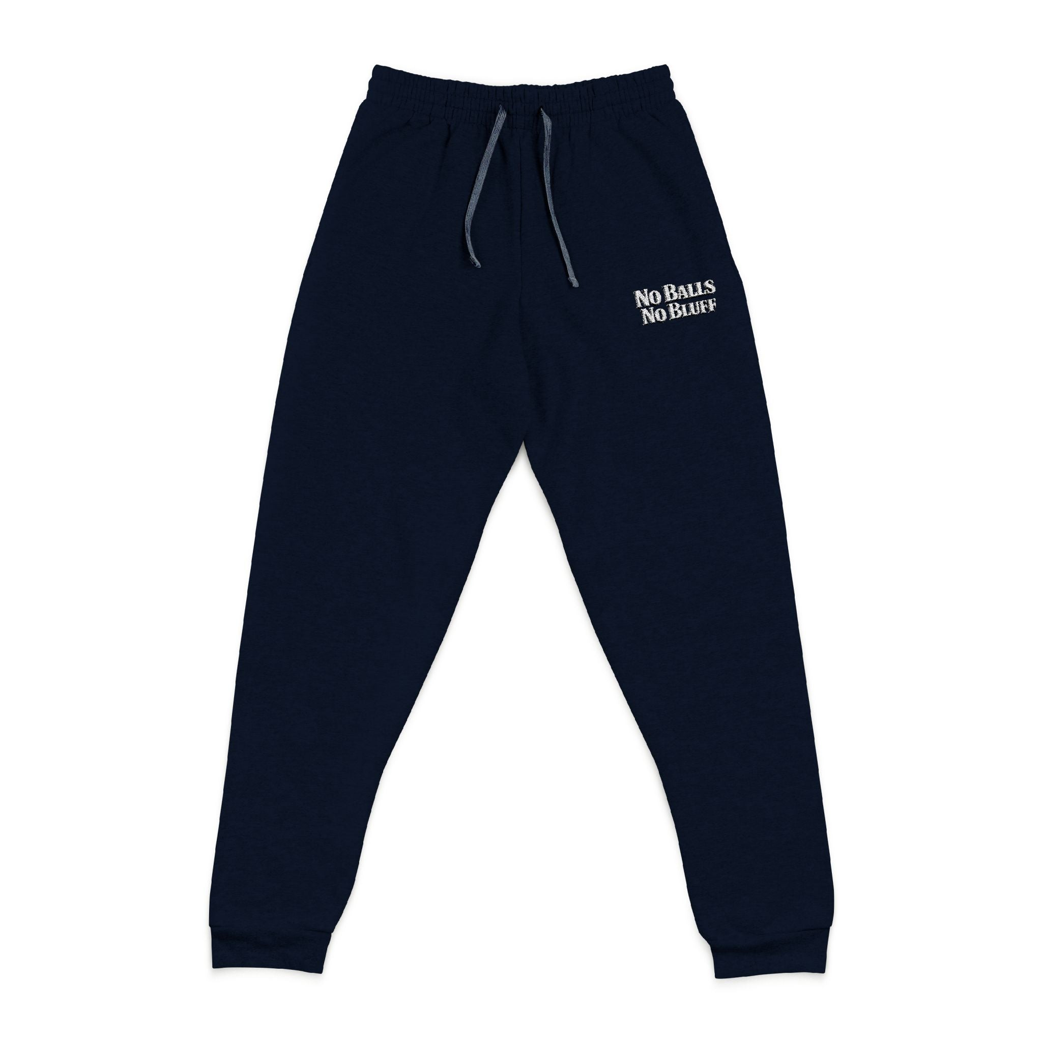 No Balls No Bluff Relaxed Sweatpants in J. Navy – Front Flat Lay with Left Leg Embroidery | All Bluff Poker