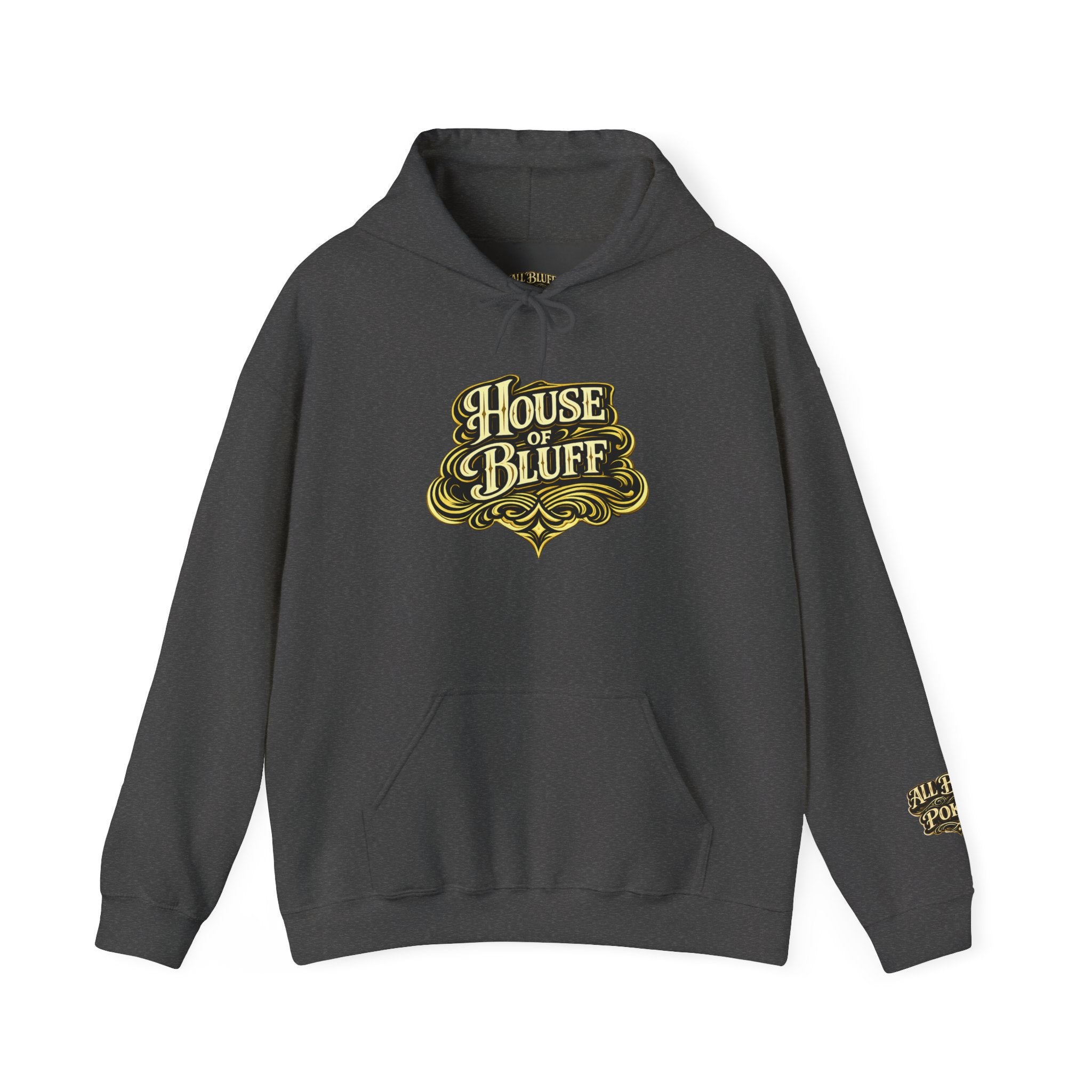 House of Bluff Pullover Hoodie in Dark Heather – Front Flat Lay | All Bluff Poker