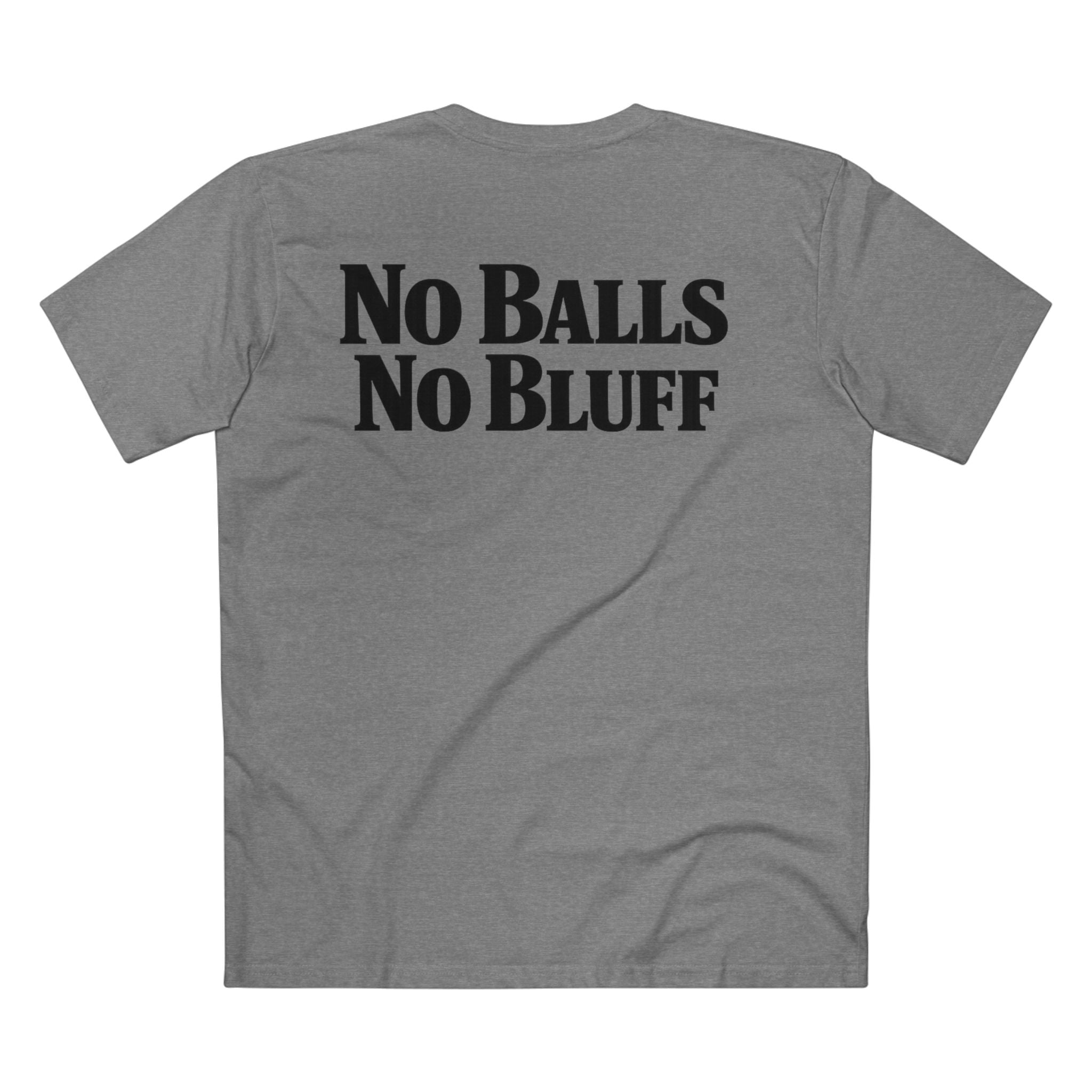 No Balls No Bluff T-Shirt in Athletic Heather – Back Flat Lay | All Bluff Poker