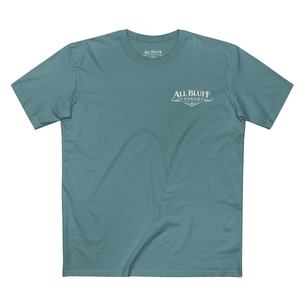 I'm a Bluffer Not a Fighter T-Shirt in Slate Blue – Front Flat Lay | All Bluff Poker