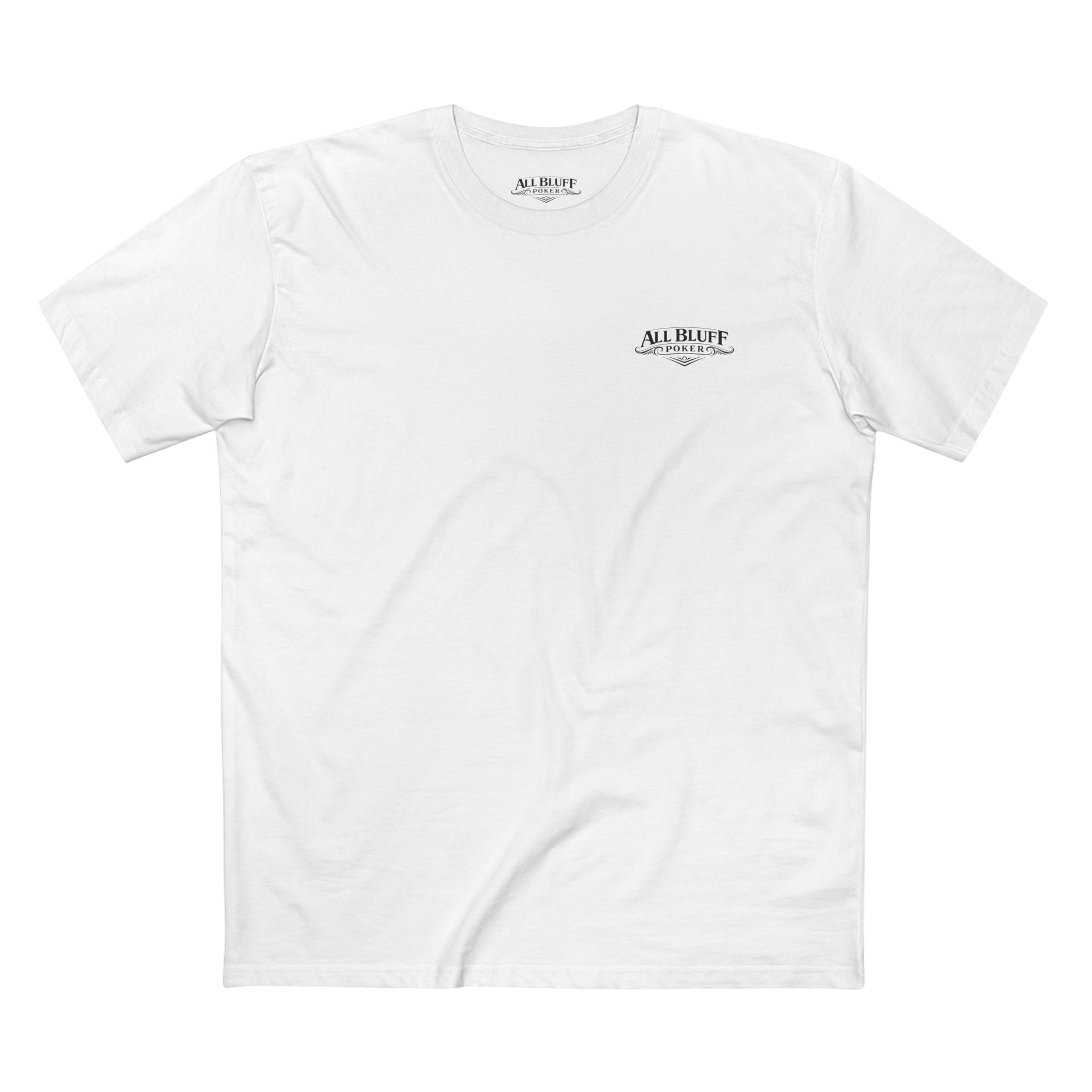 No Balls No Bluff T-Shirt in White – Front Flat Lay | All Bluff Poker
