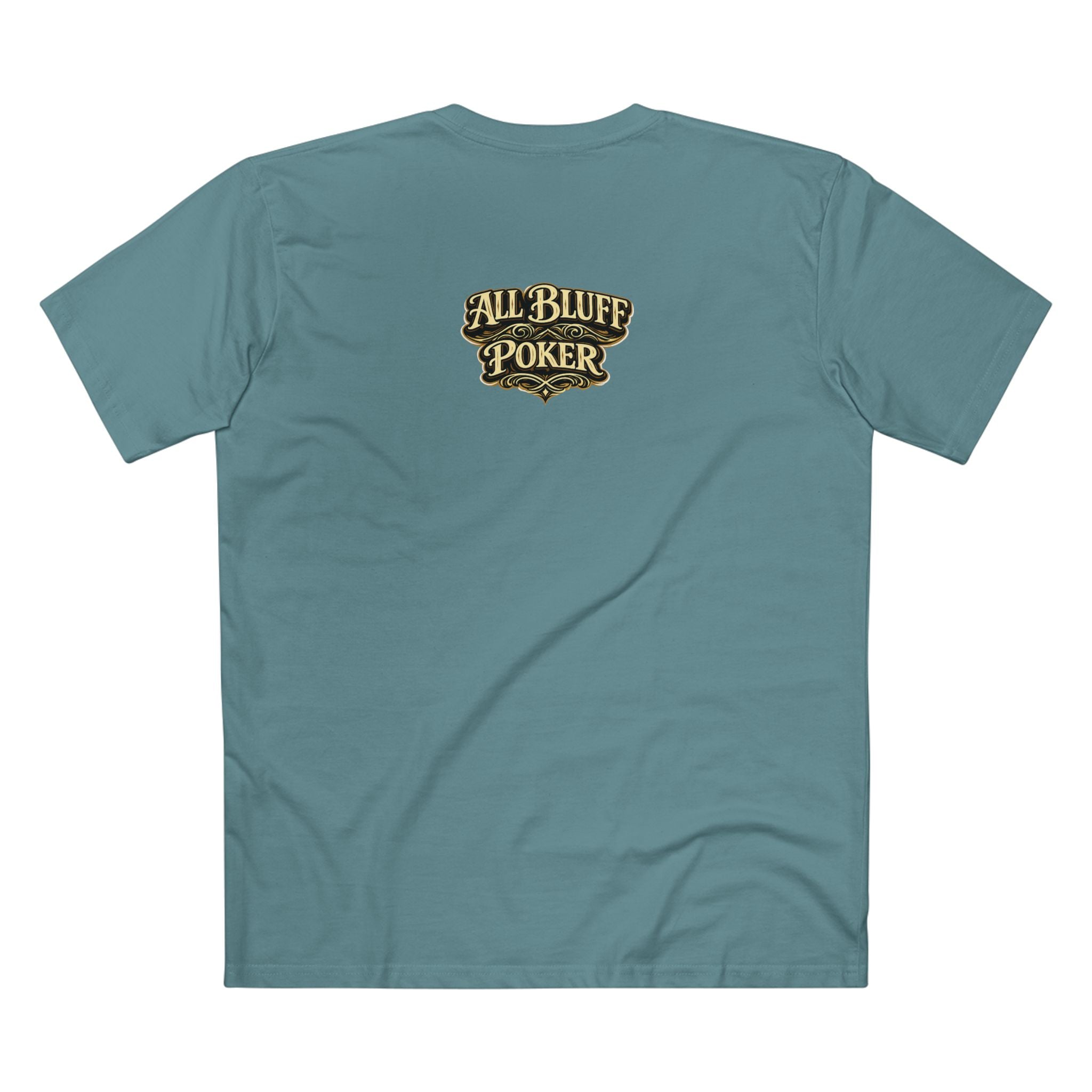 No Balls No Bluff T-Shirt in Slate Blue – Back Flat Lay | All Bluff Poker